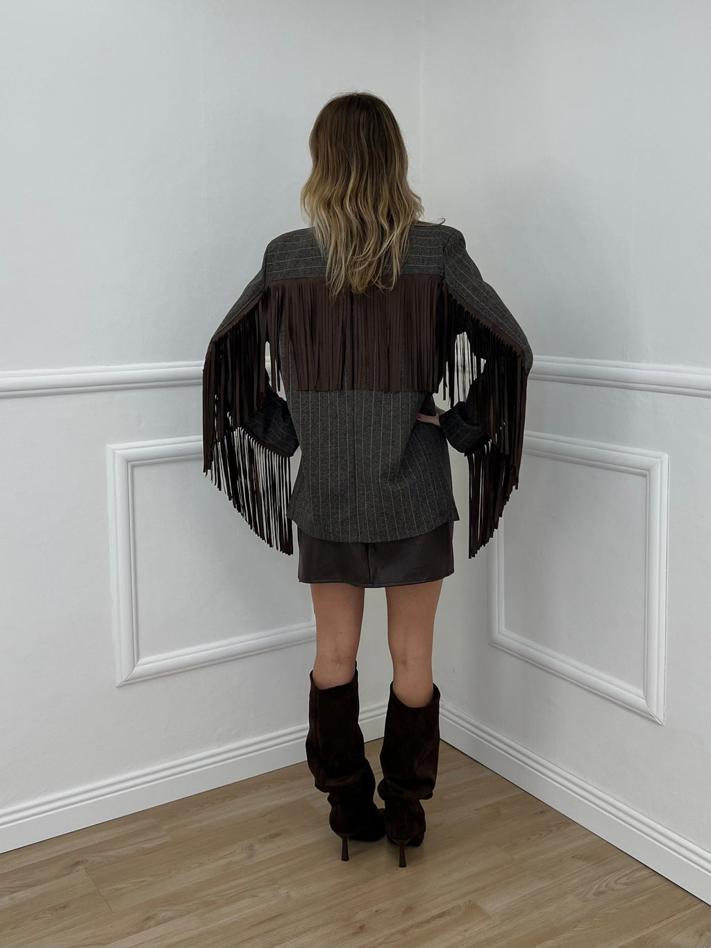 Blazer a Righe con Frange 4705 Marrone