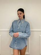 Giacca Camicia Denim Colletto Strass 3025 Azzurro