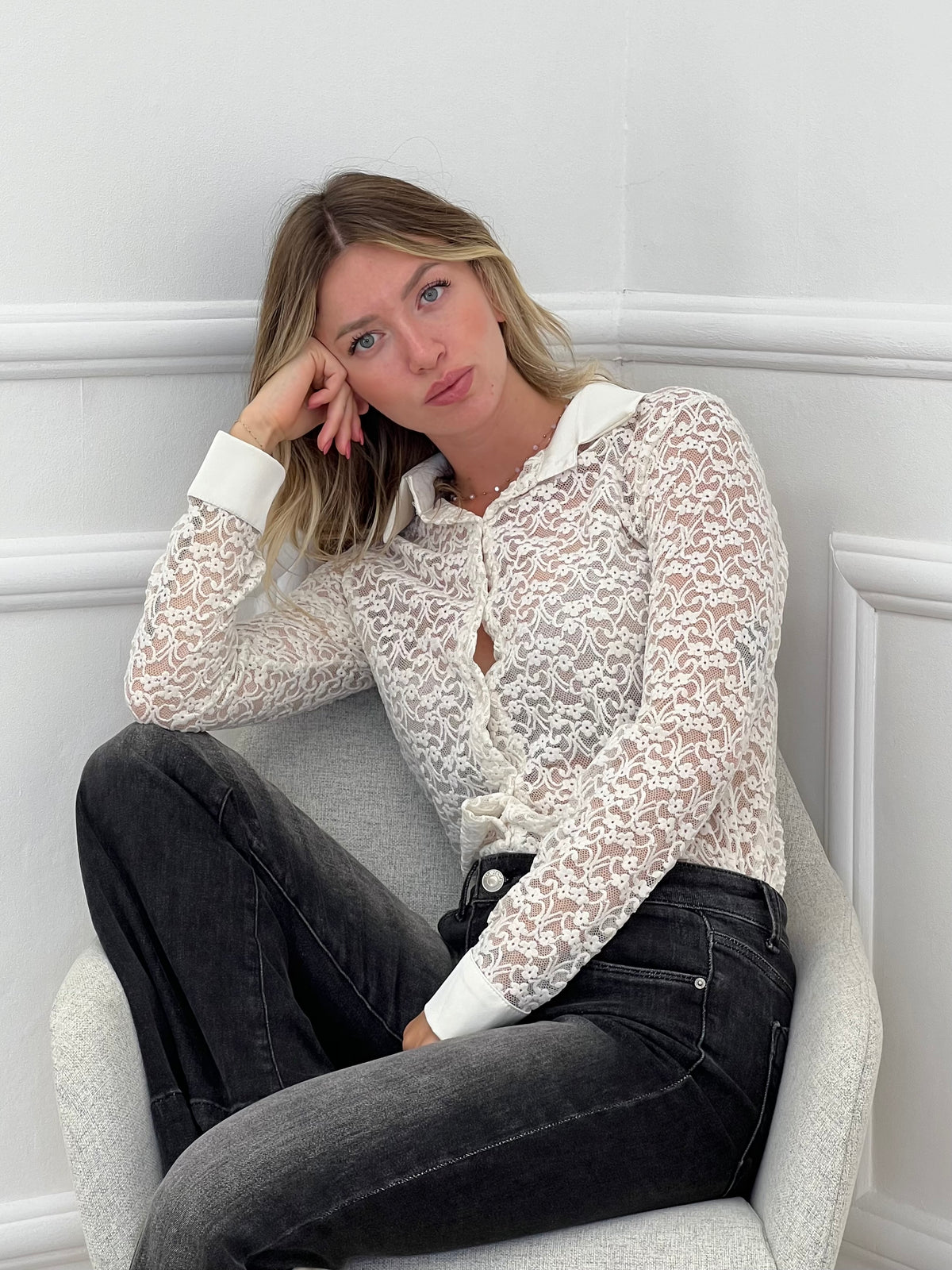 Camicia Pizzo Velluto 121493 Panna