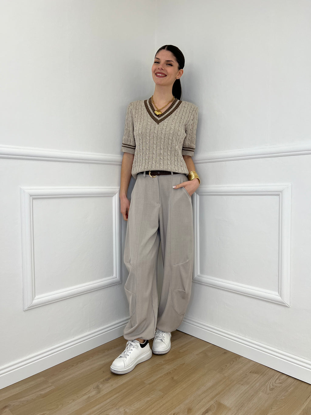 Maglia Trecce Profili a Contrasto 9467 Taupe e Moro