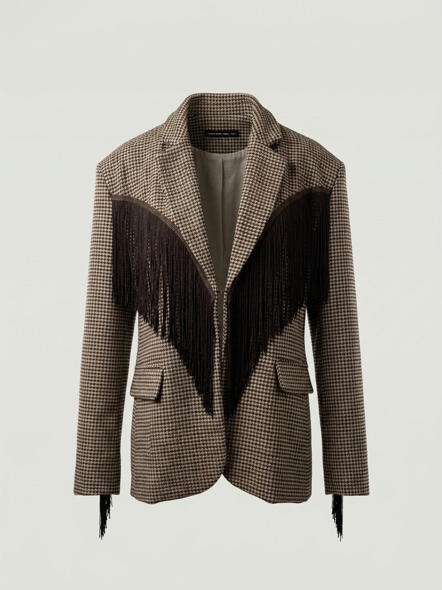 Giacca Pied De Poule Con Frange A20352 Marrone
