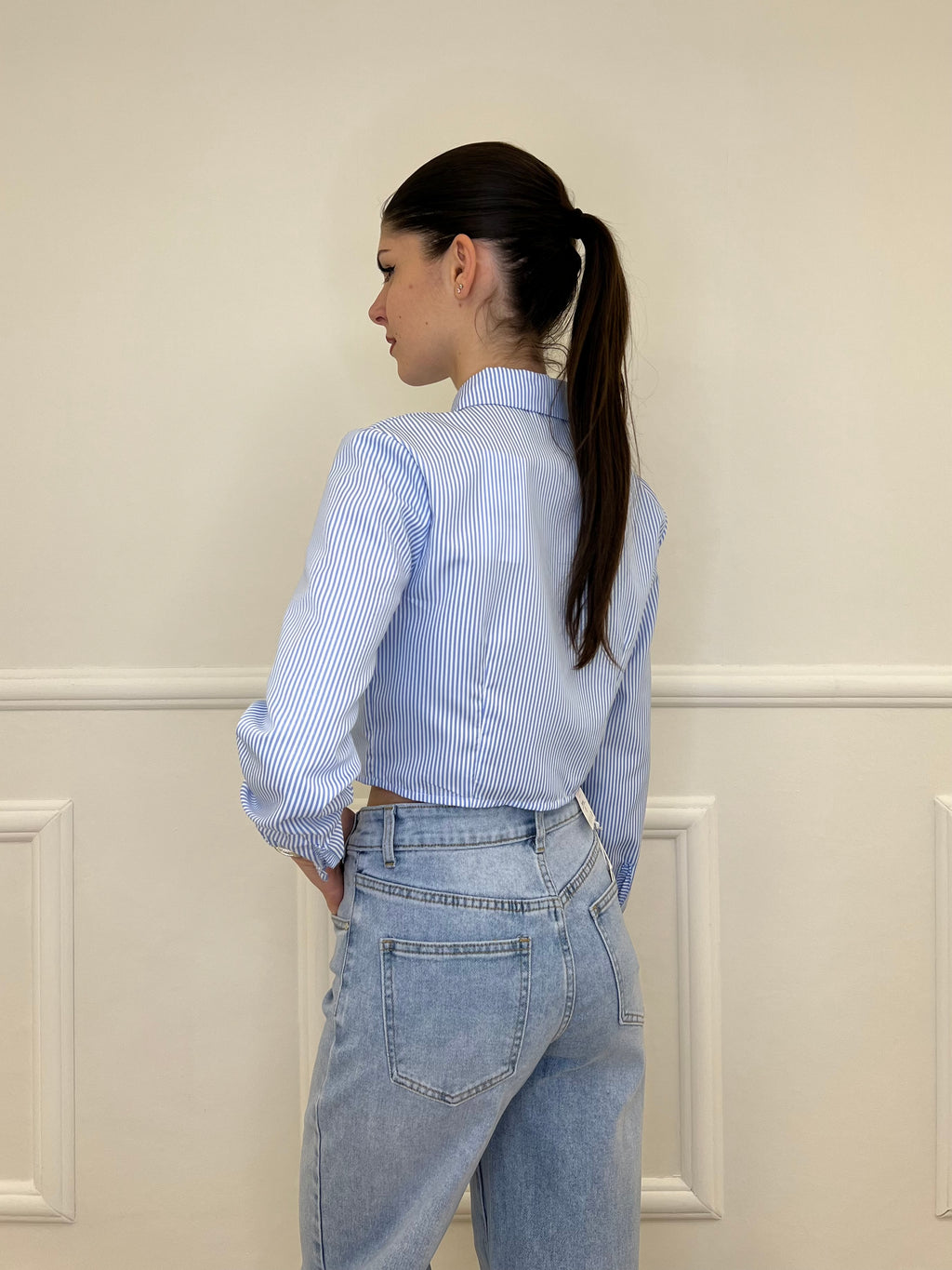 Camicia Crop a Righe 3147 Azzurro