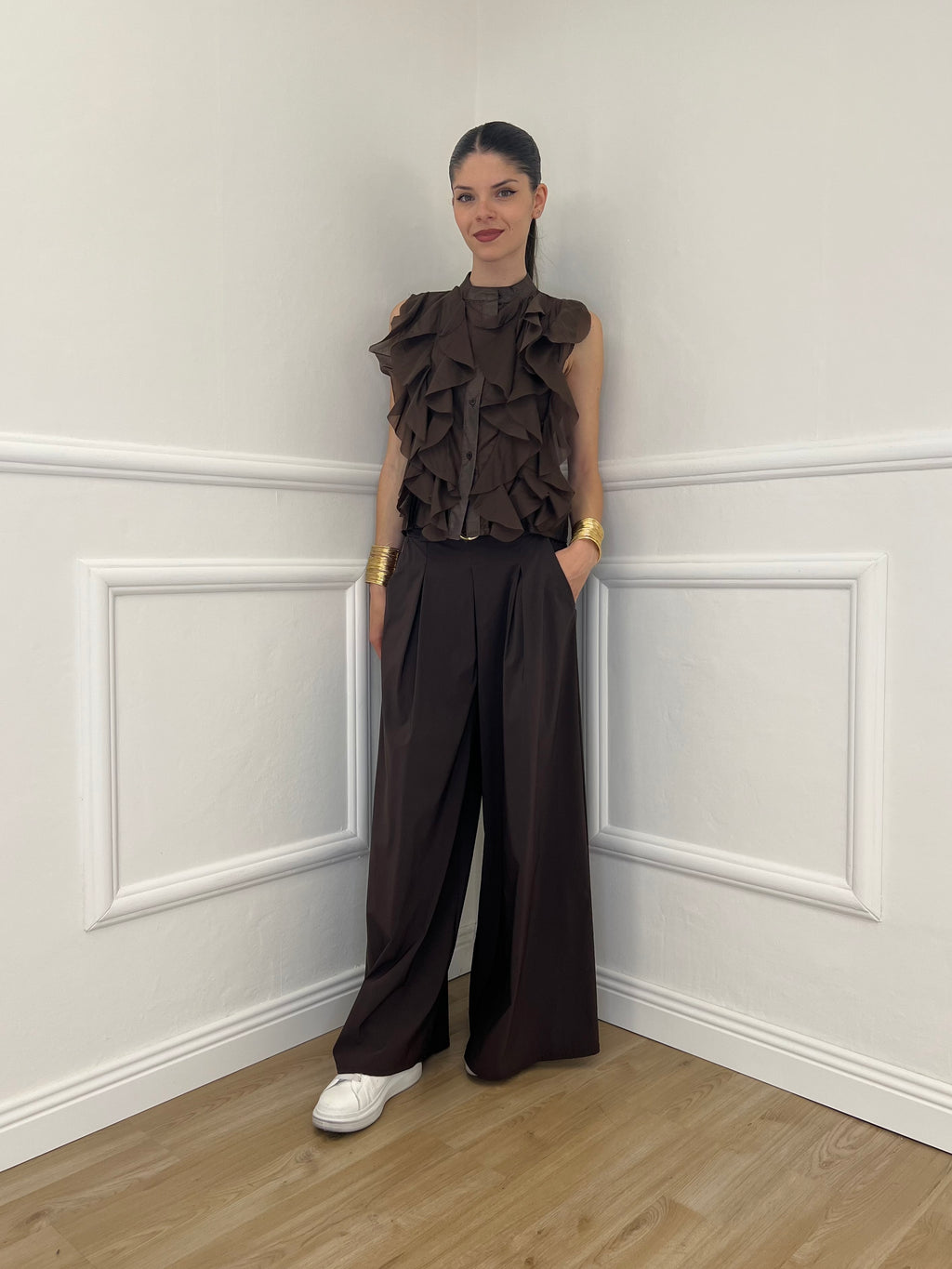 Camicia Smanicata Con Rouches 220-672 Marrone