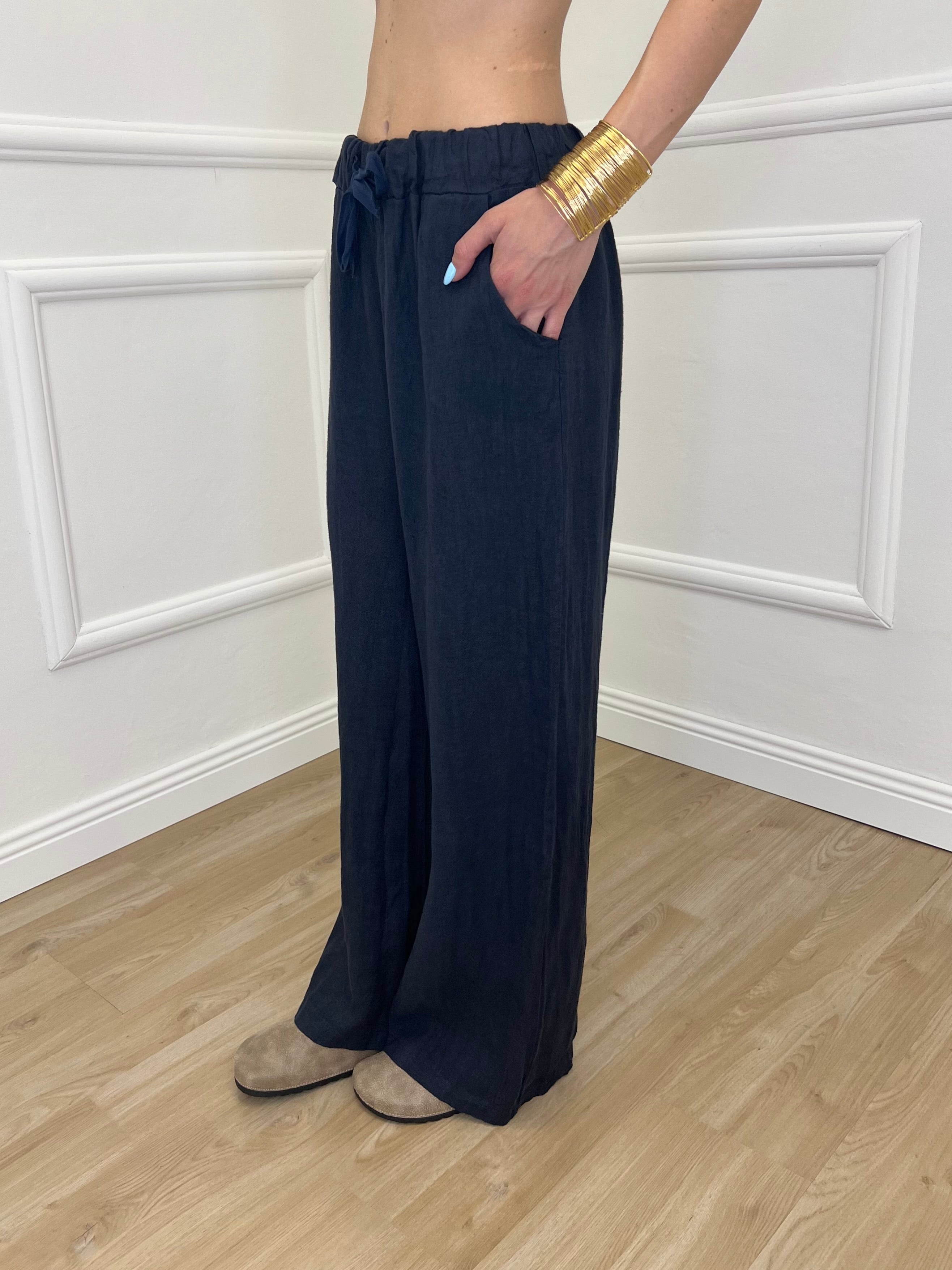 Pantalone Lino Coulisse 23216 Blu