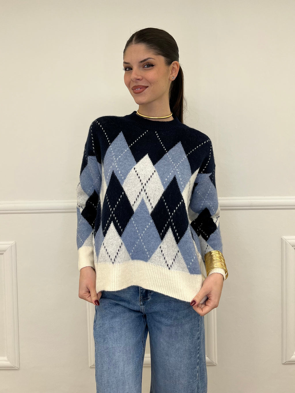 Maglia Over Losanghe L8075 Blu