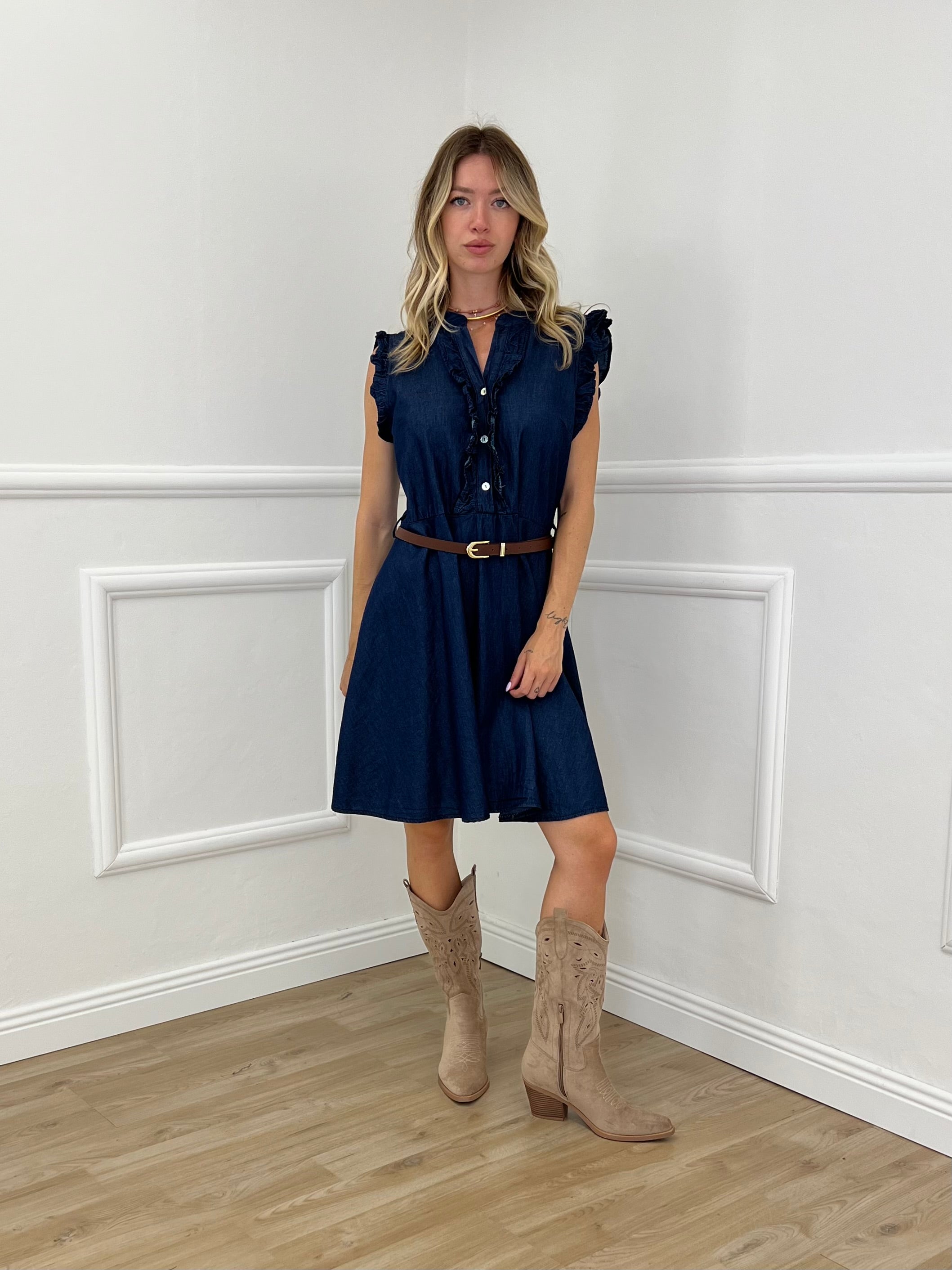 Abito Corto Chambray Rouches 2607 Blu