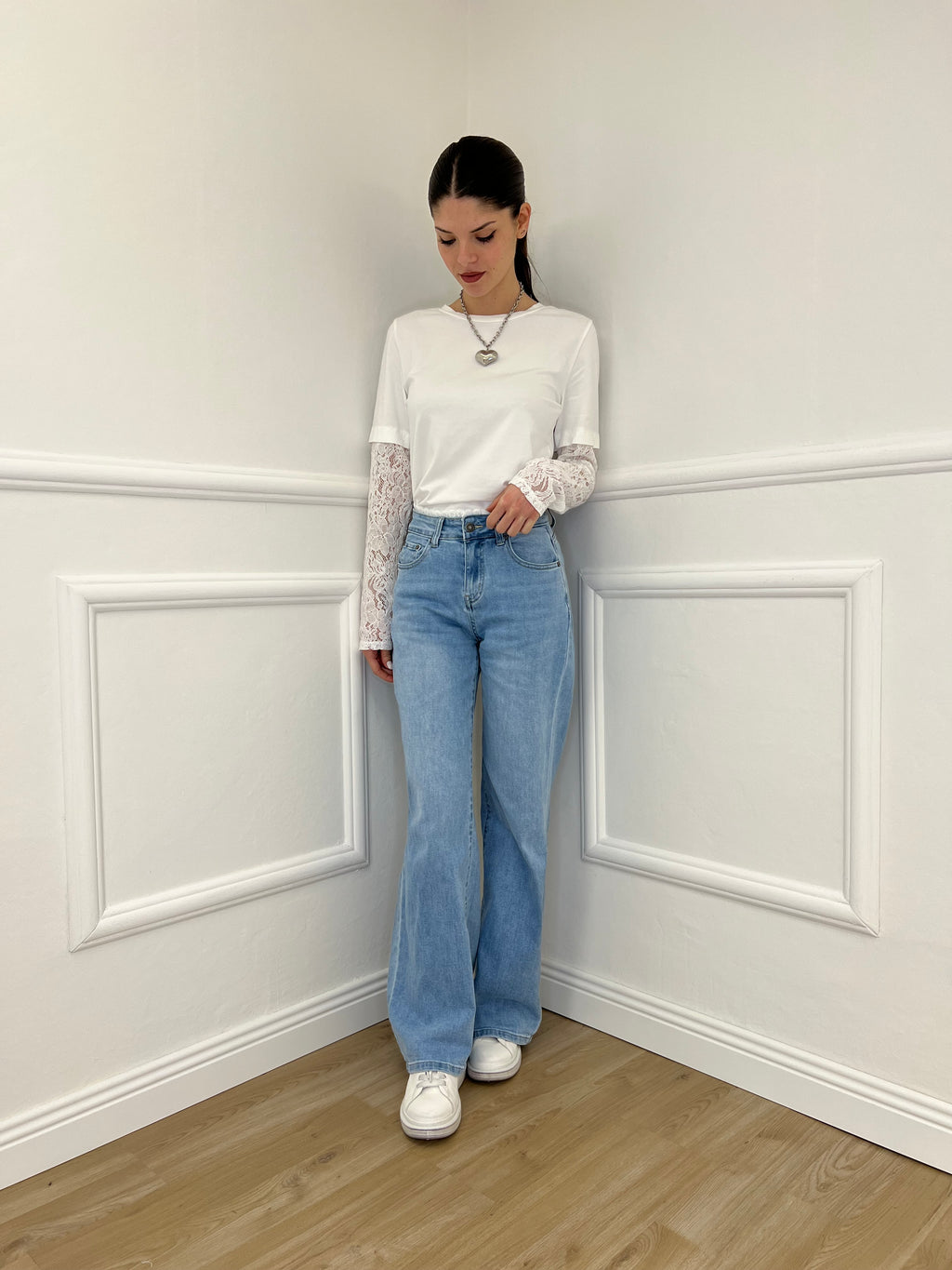 Jeans Vita Con Pizzo TK85 Azzurro