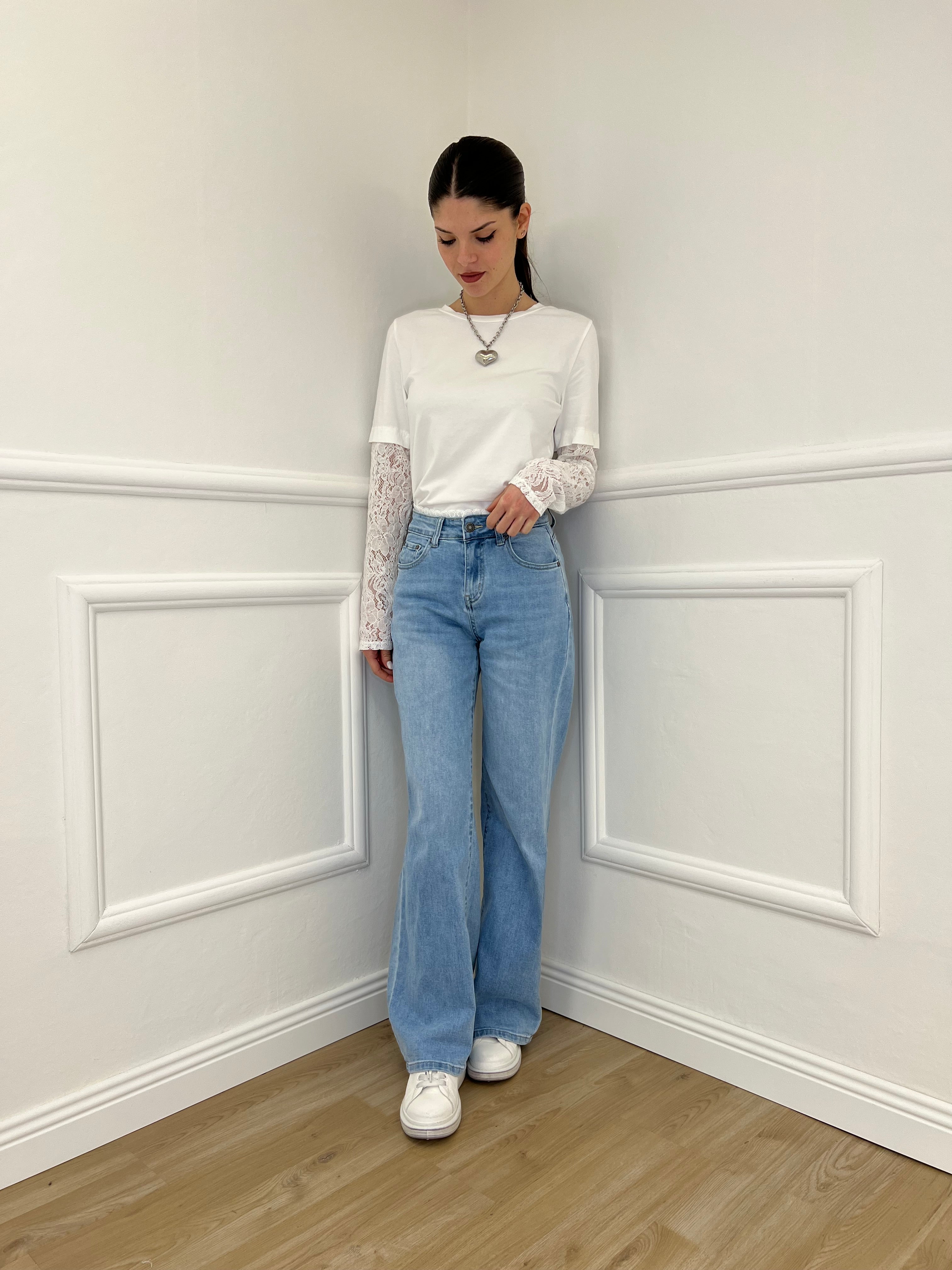 Jeans Vita Con Pizzo TK85 Azzurro