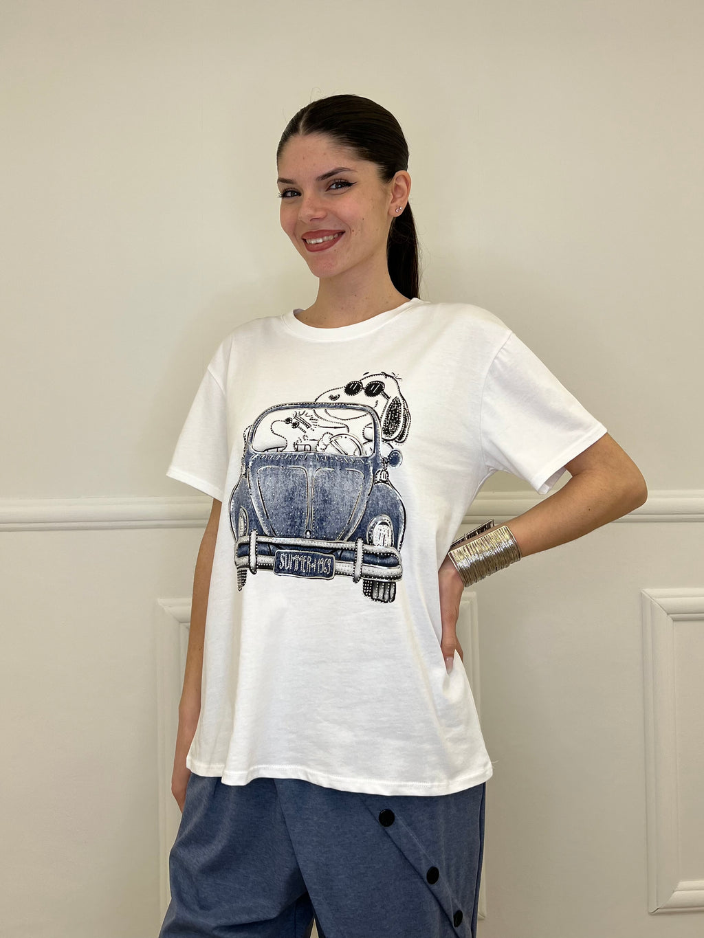 T-shirt Over Snoopy Con Strass