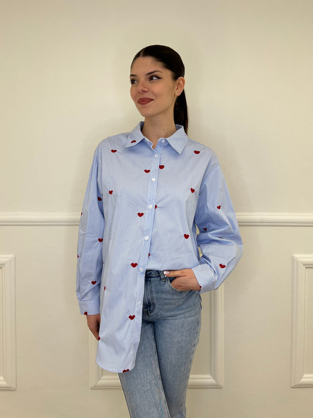 Camicia Cuori Bastoncino HQ045 Azzurro e Rosso