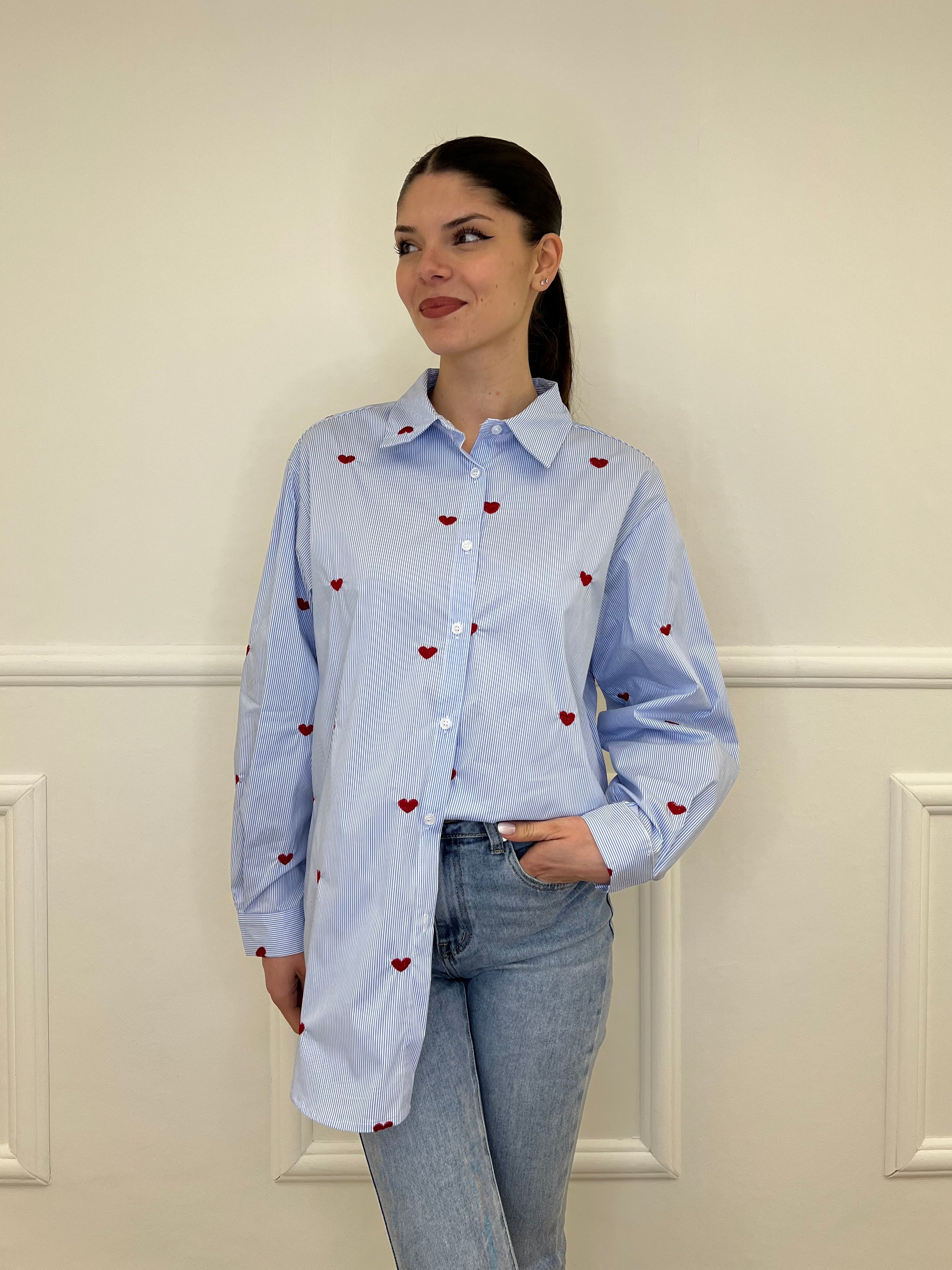 Camicia Cuori Bastoncino HQ045 Azzurro e Rosso