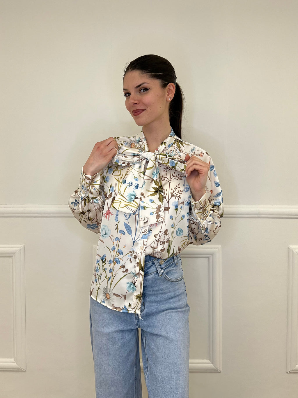 Camicia Floreale Con Fiocco 2598 Azzurro