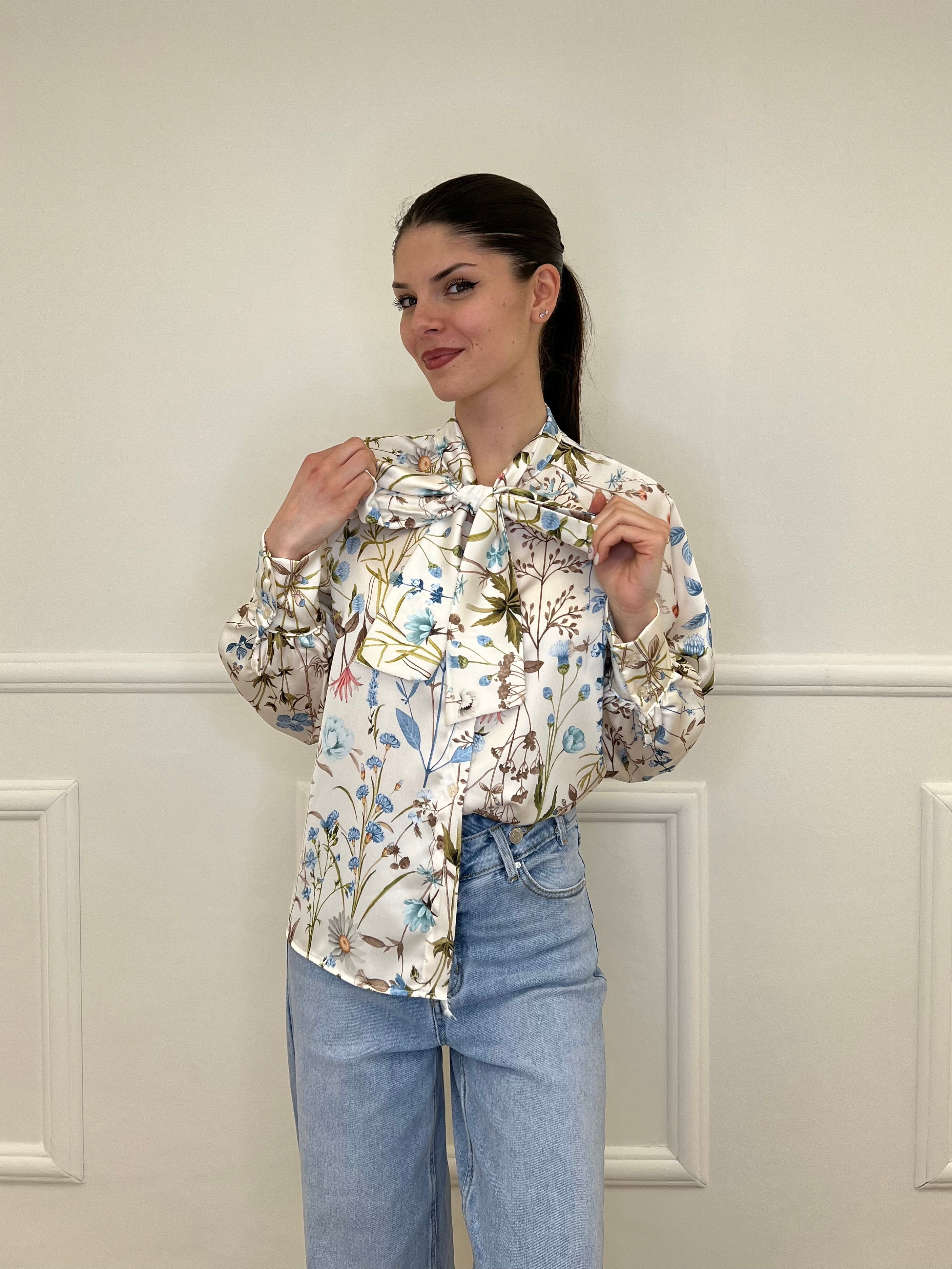 Camicia Floreale Con Fiocco 2598 Azzurro