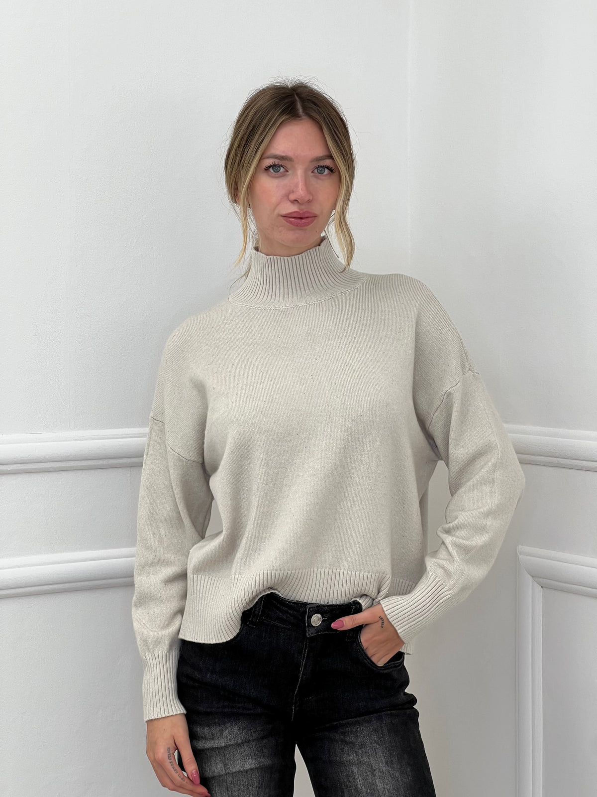 Maglia Vulcano Over Paillettes 7366 Ecru