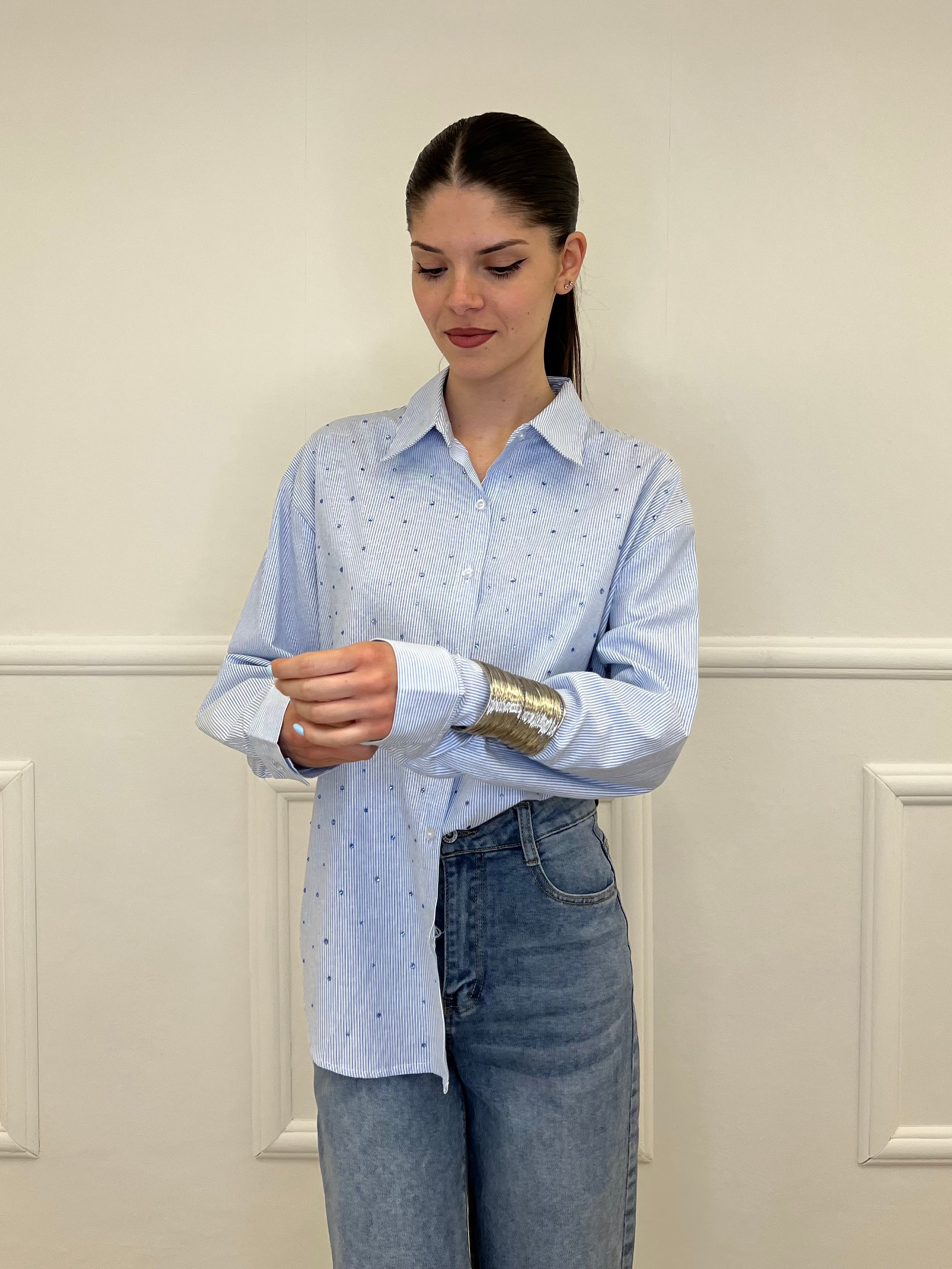 Camicia Righe Strass 2514 Azzurro