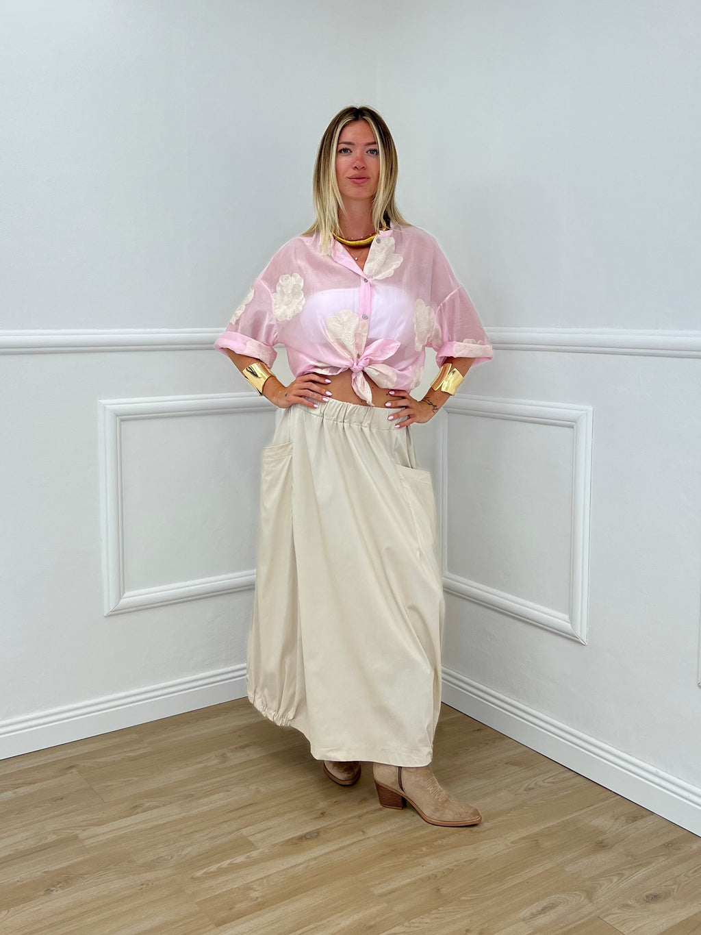 Camicia In Tencel Con Ricami 93-767 Rosa