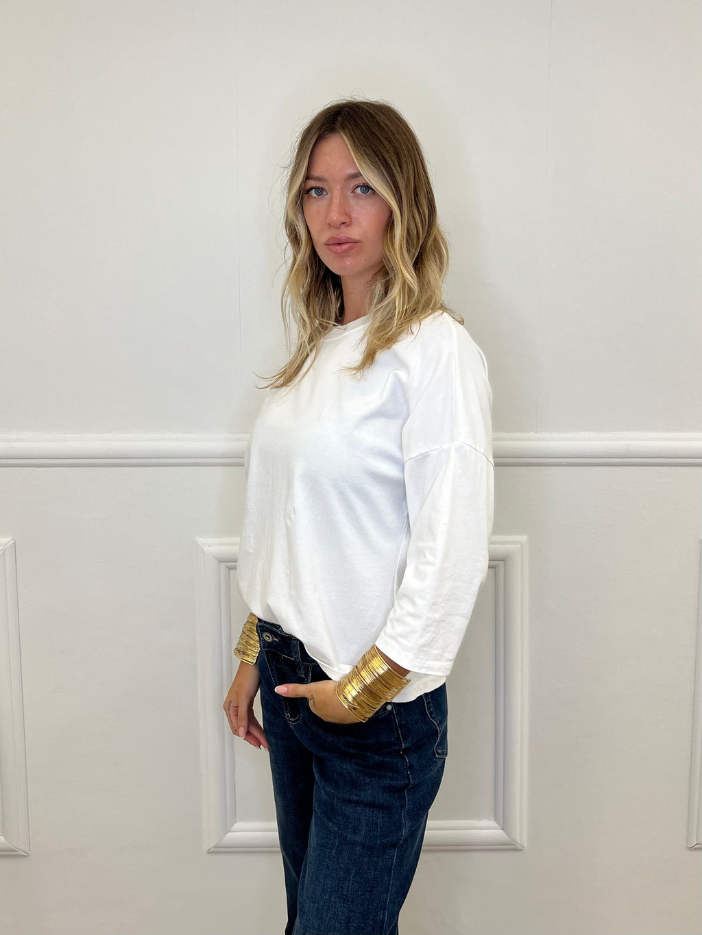T-shirt Boxy Maniche Lunghe T10512 Bianco