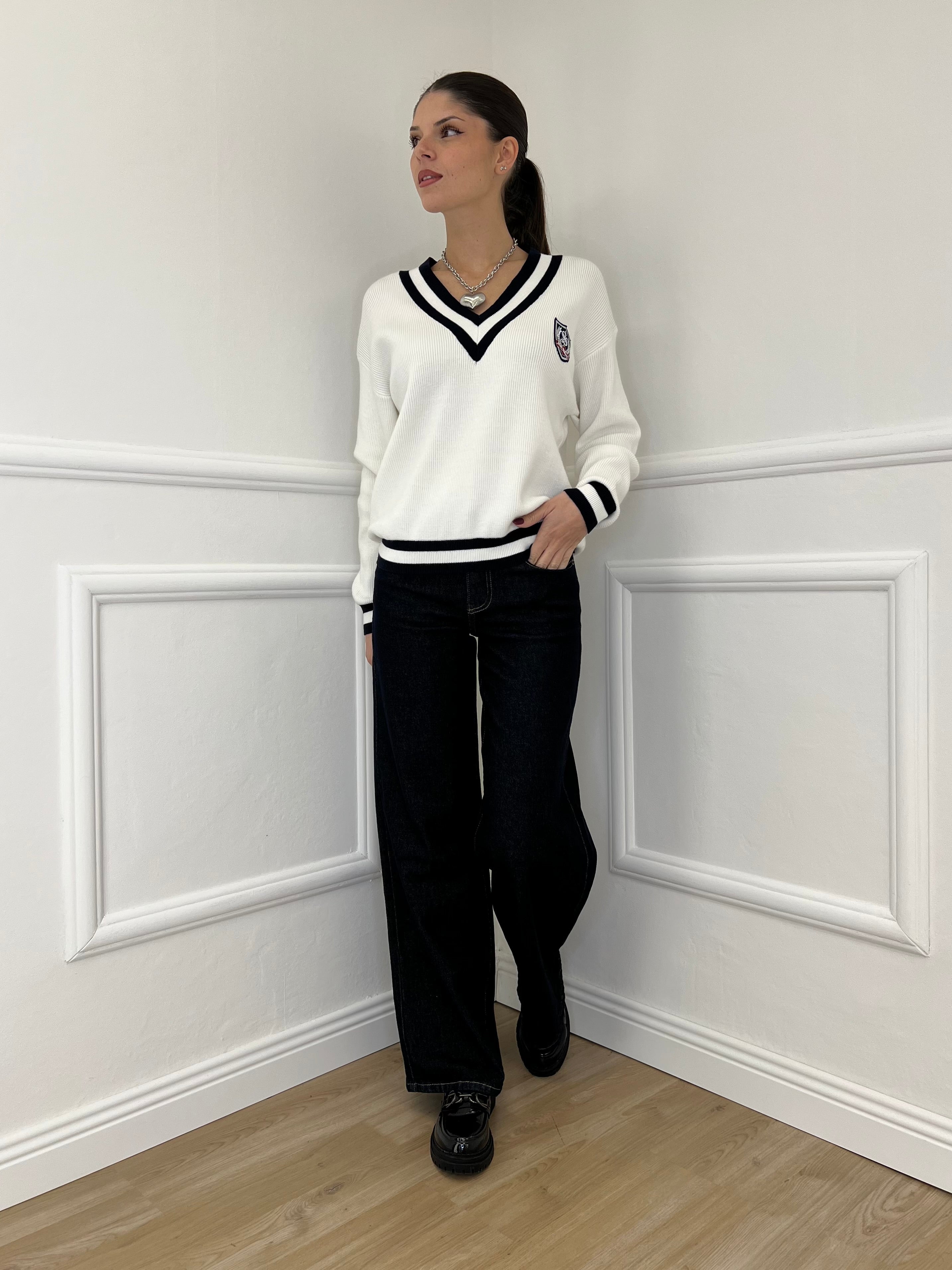 Maglia a V College 9574 Bianco