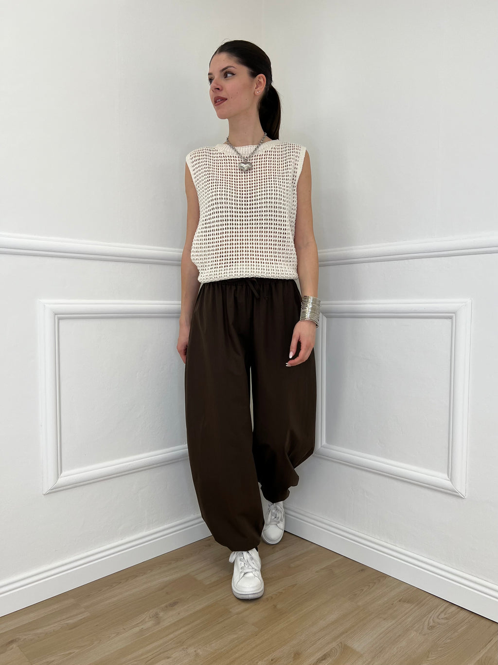 Maglia Smanicata Traforata 6972 Panna