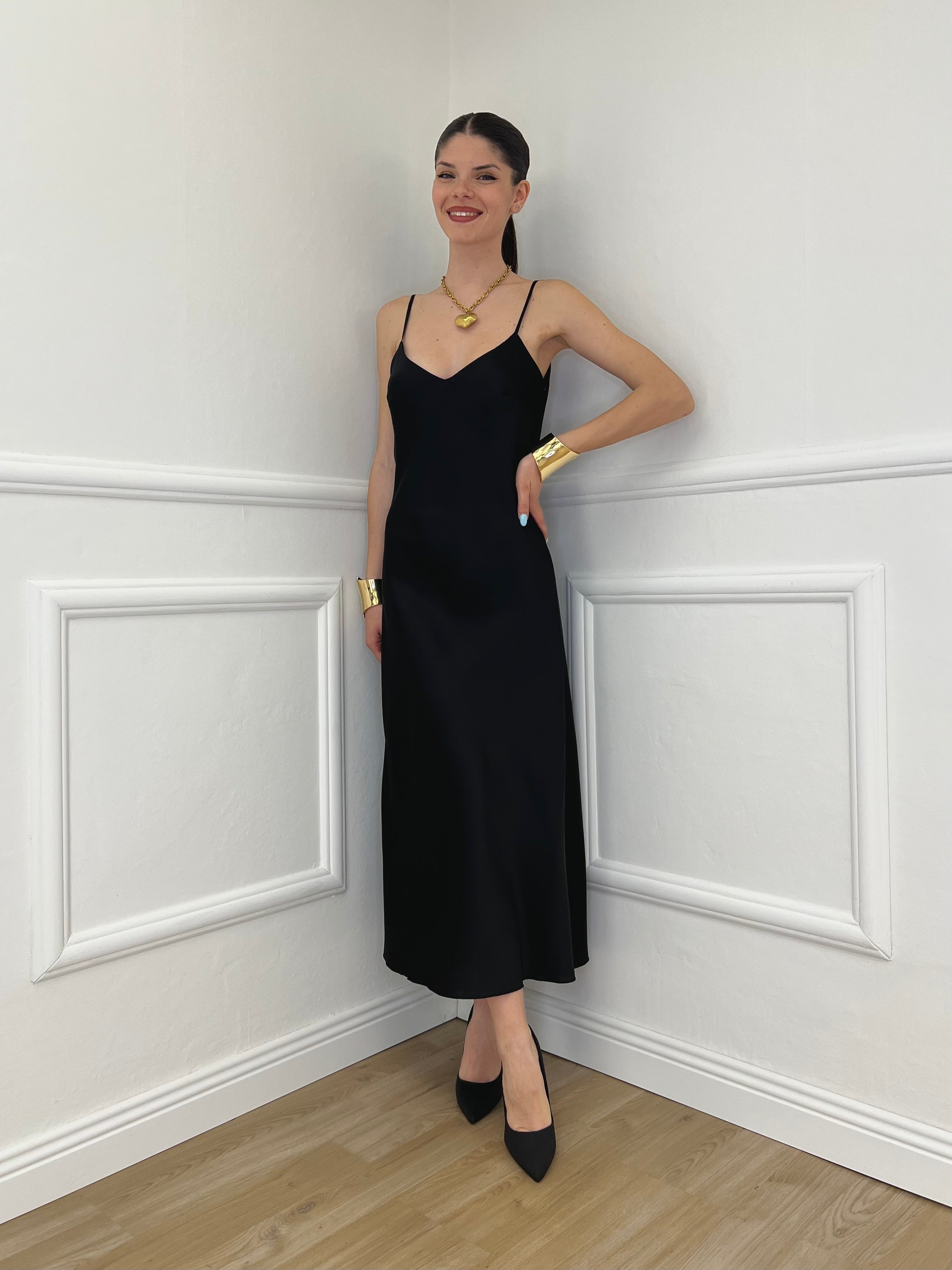 Vestito In Satin Con Spalline 9857 Nero