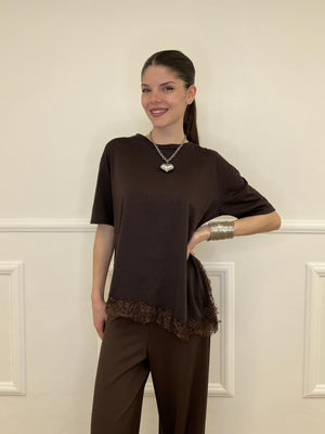 T-shirt Asimmetrica Con Pizzo 2824 Moro