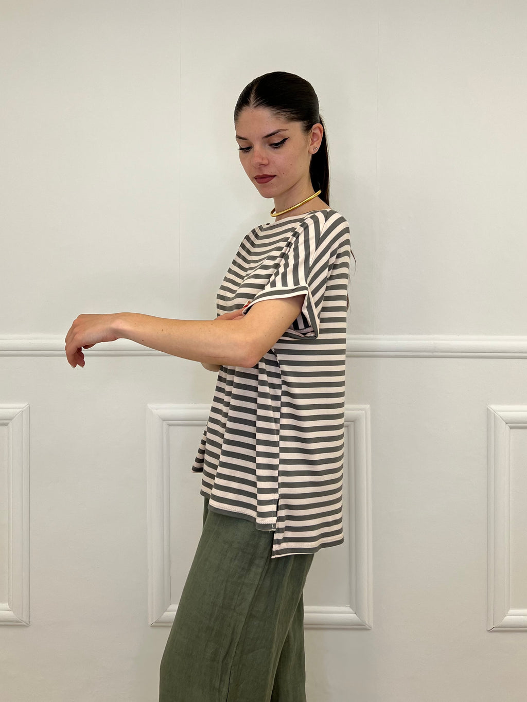 Maglia Barchetta Righe 2628 Verde e Ecru