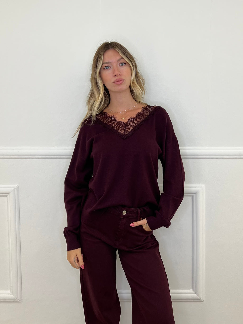 Maglia Scollo a V Over Con Pizzo 5588 Burgundy