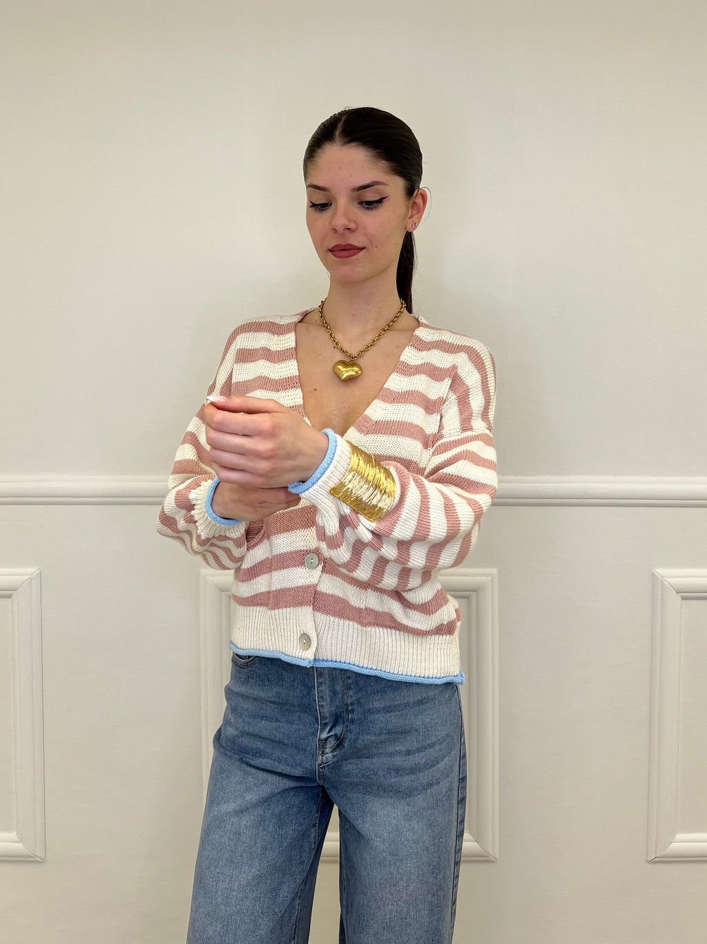 Cardigan Scatoletta Righe 10667 Rosa