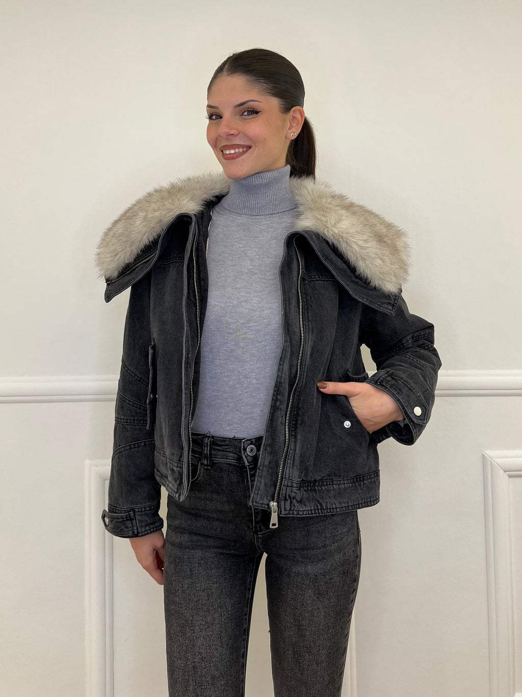 Fur Denim Jacket DL30037 Grey