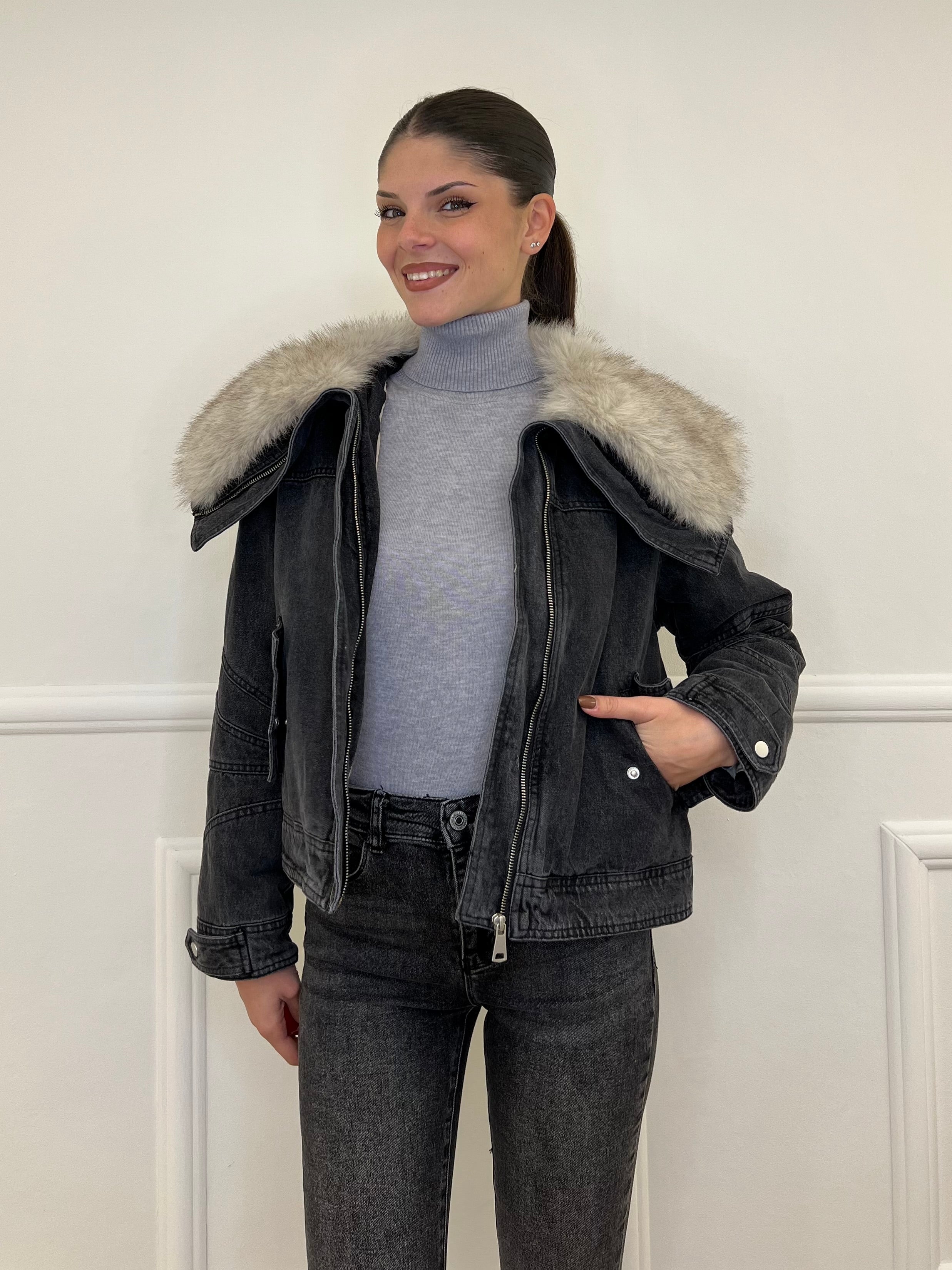 Giaccone Denim Pelliccia DL30037 Grigio