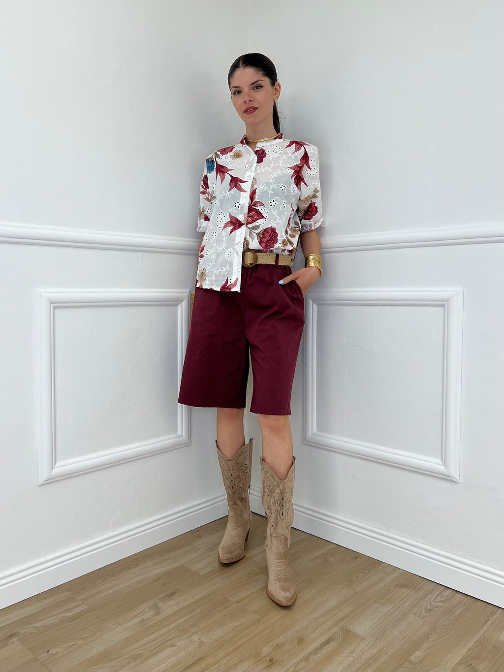 Camicia Fiori Inserti Sangallo 2340 Burgundy