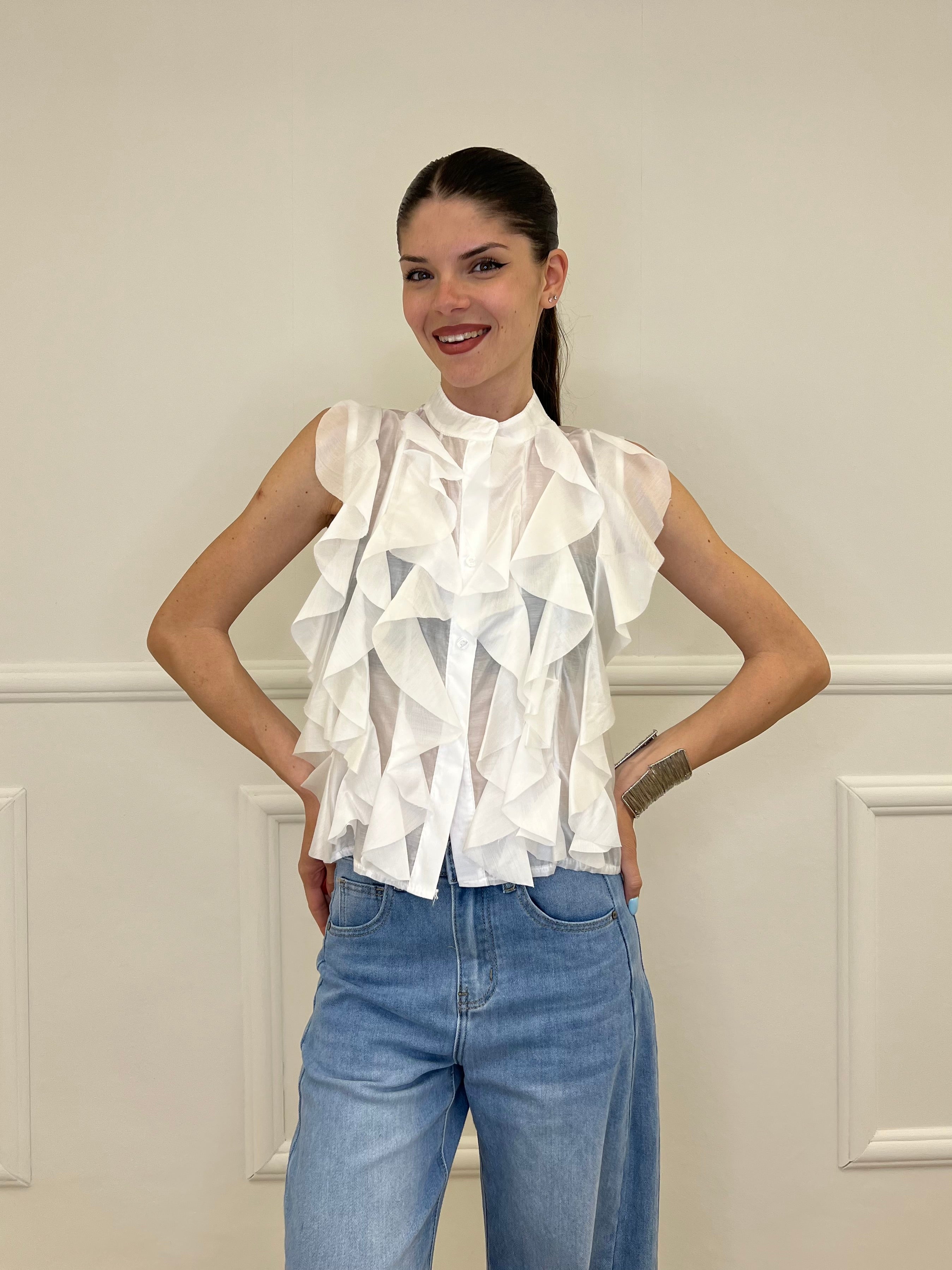Camicia Smanicata Con Rouches 220-672 Bianco