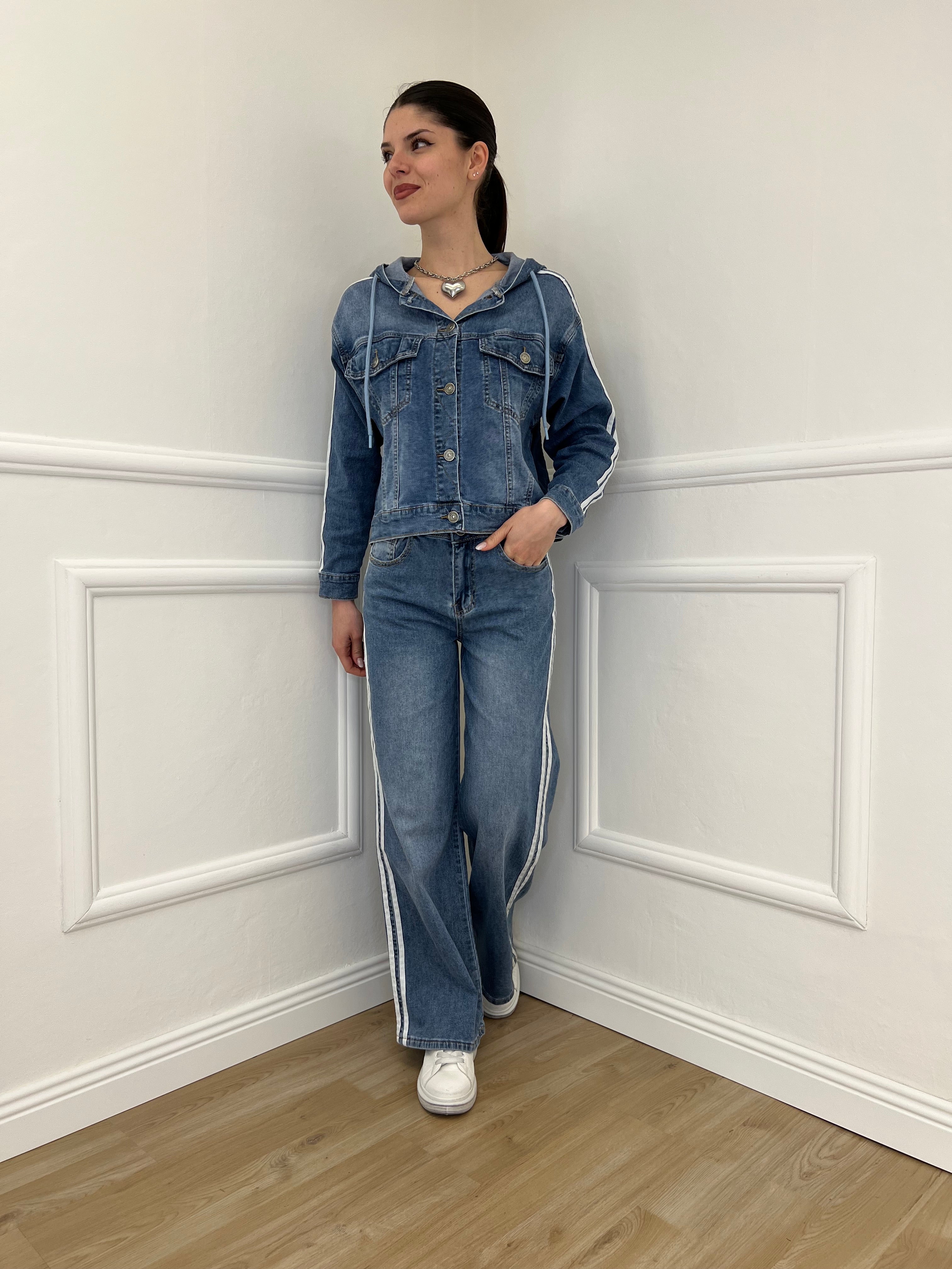 Giacca Denim Bande e Cappuccio J997 Azzurro
