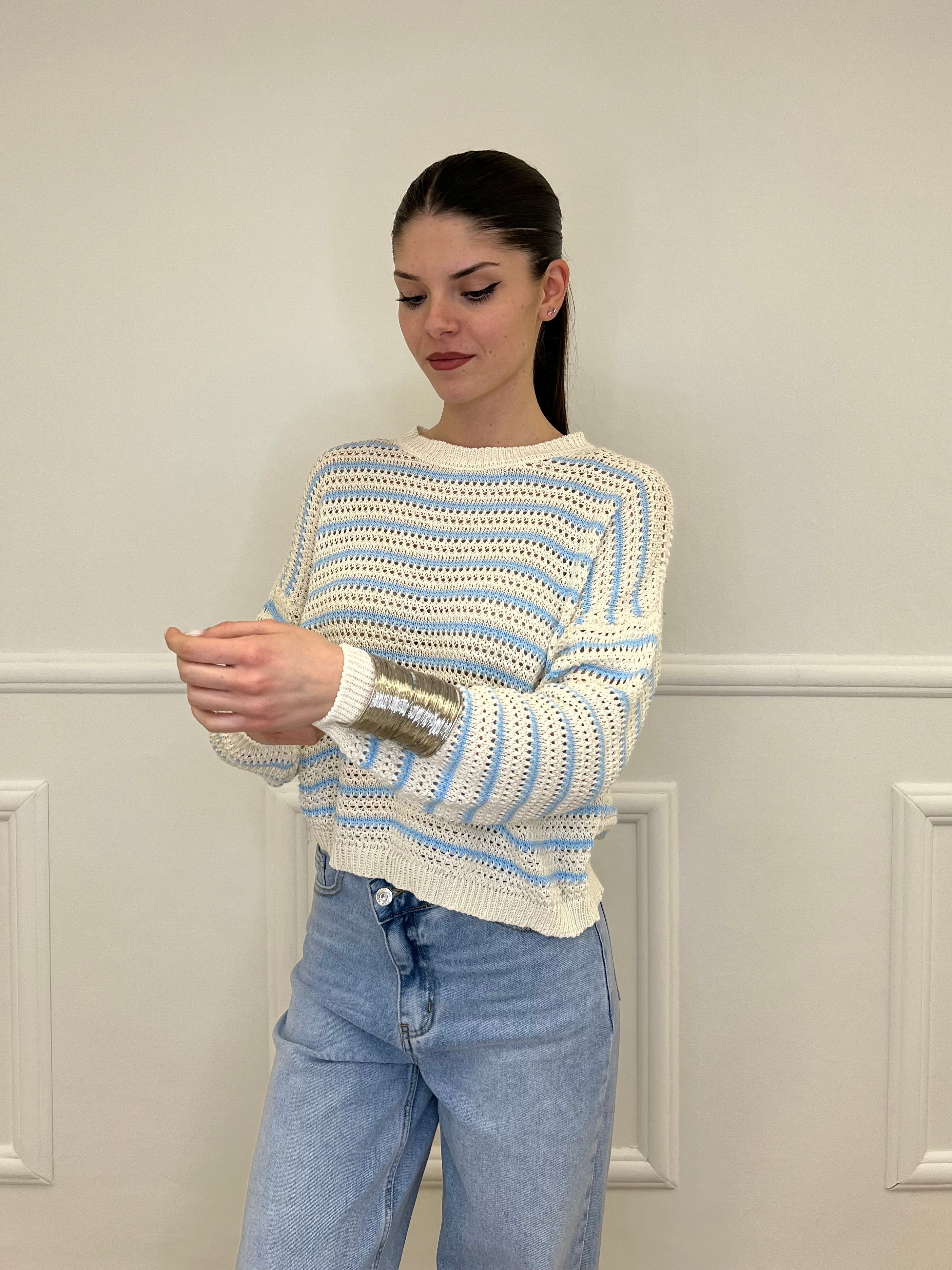 Maglia Traforata Bicolore M3063 Ecru e Azzurro