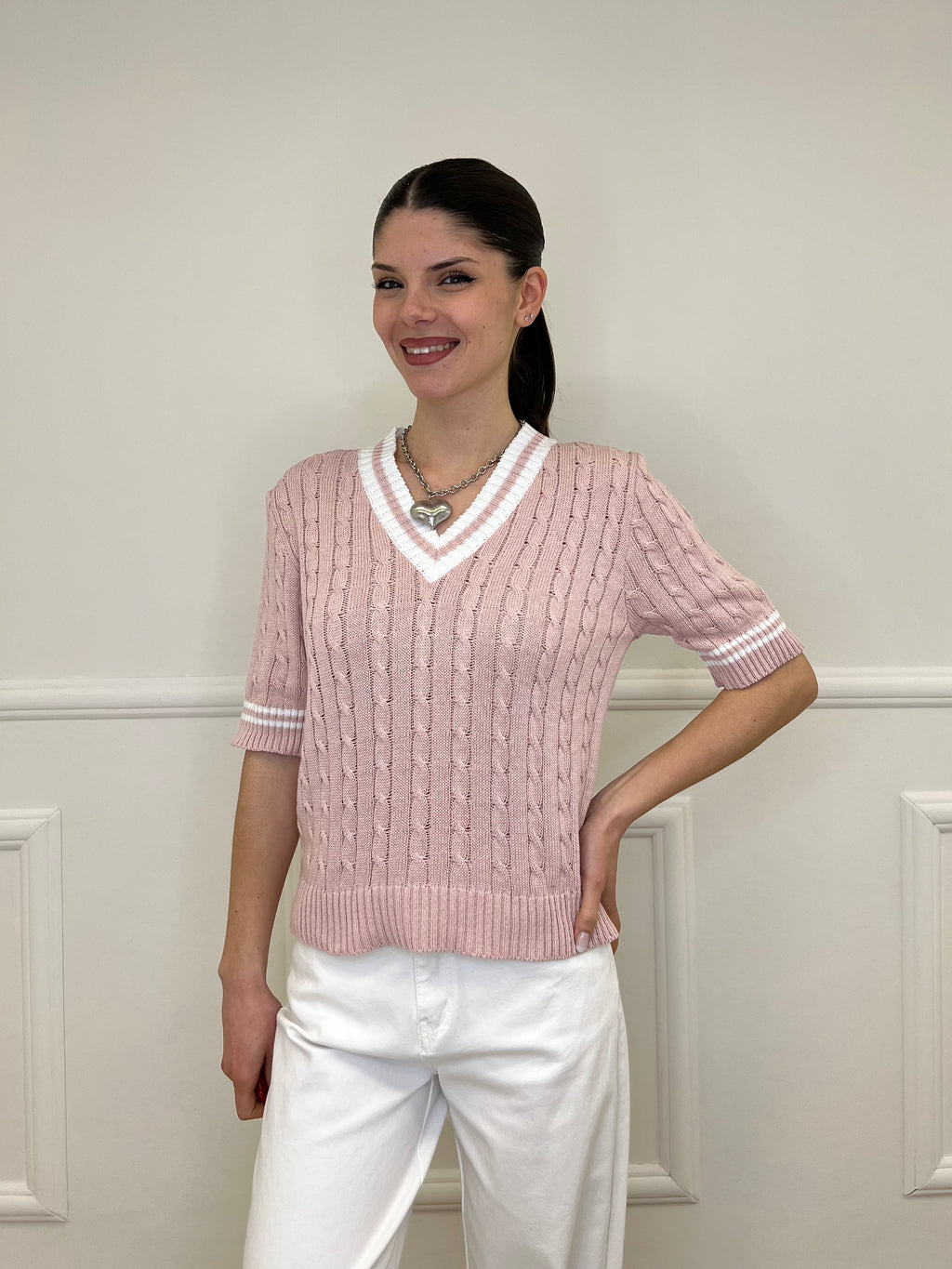 Maglia Trecce Profili a Contrasto 9467 Rosa e Bianco