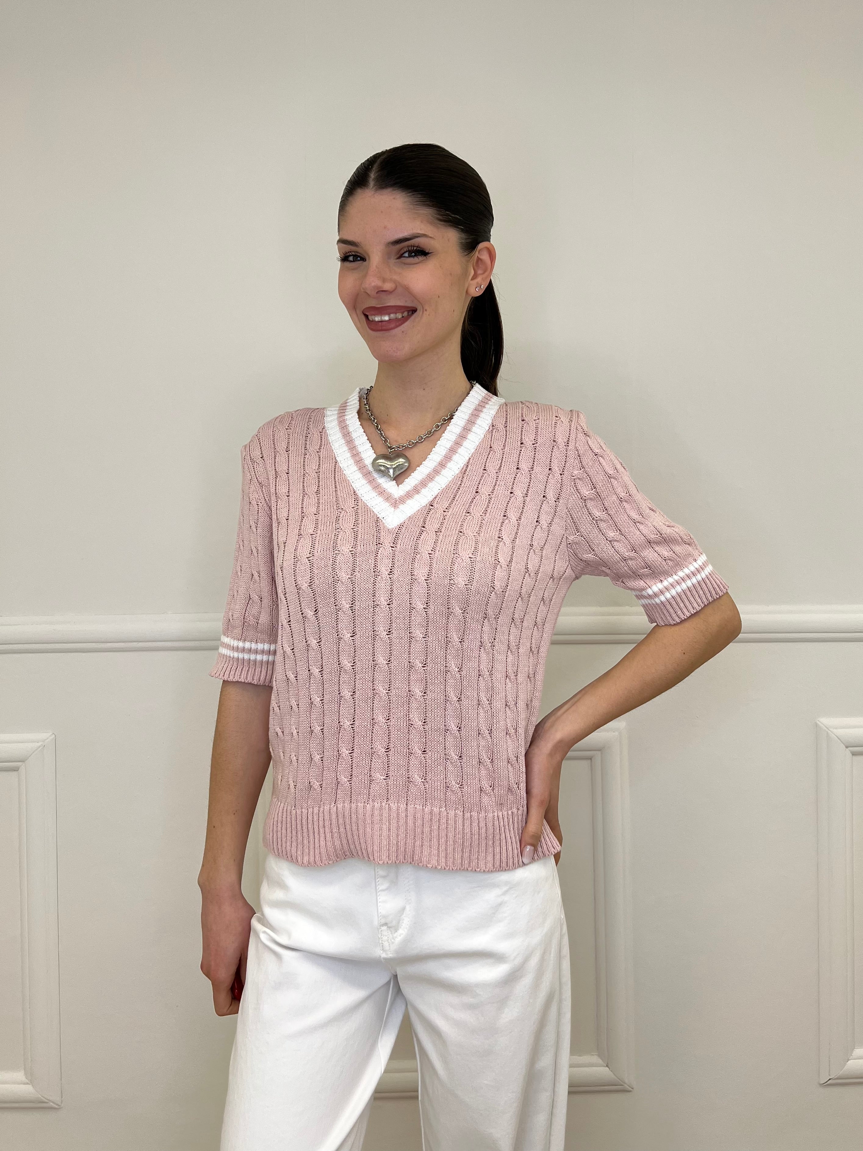 Maglia Trecce Profili a Contrasto 9467 Rosa e Bianco
