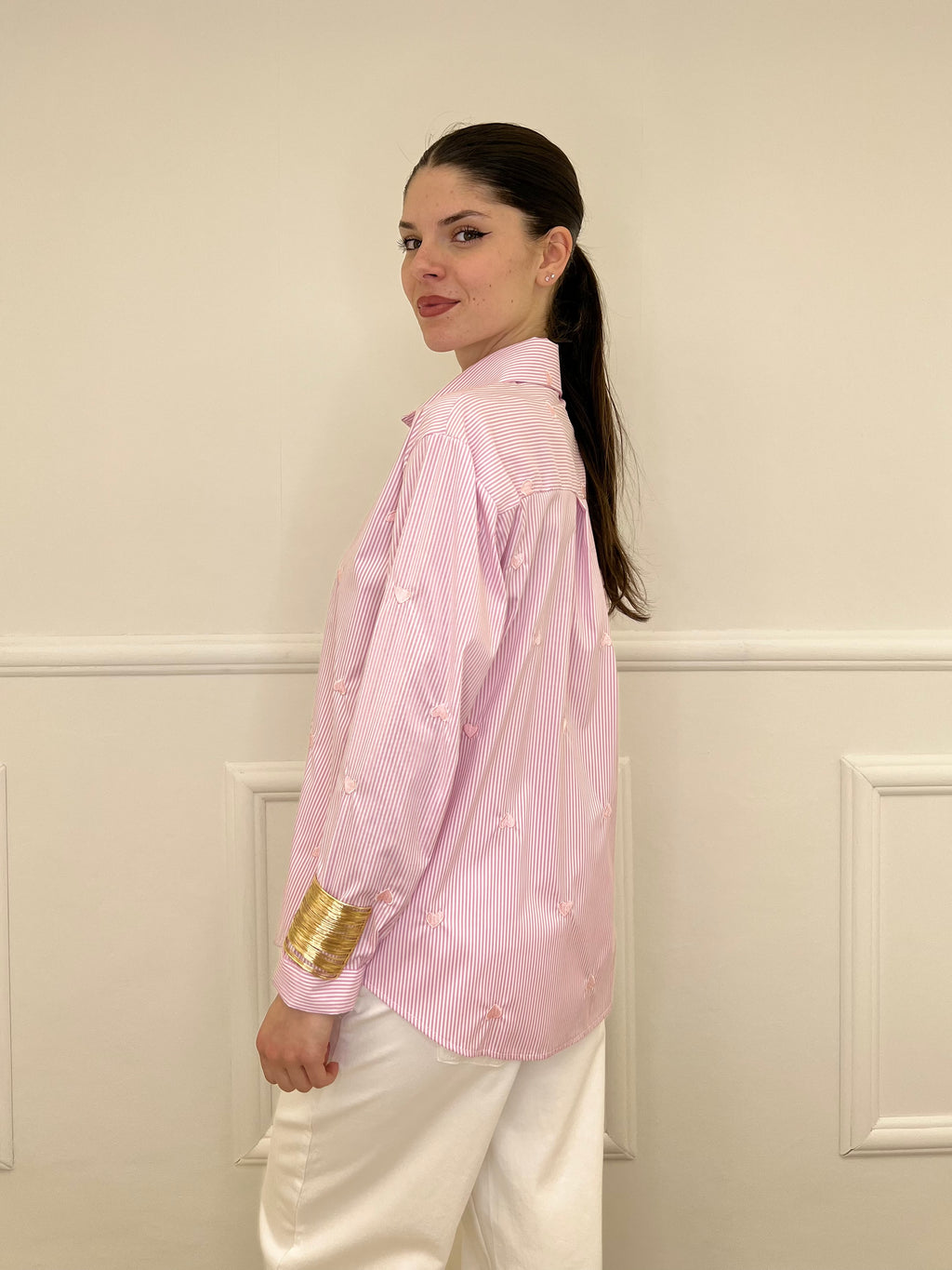 Camicia a Righe Cuori Ricamati 121255 Rosa