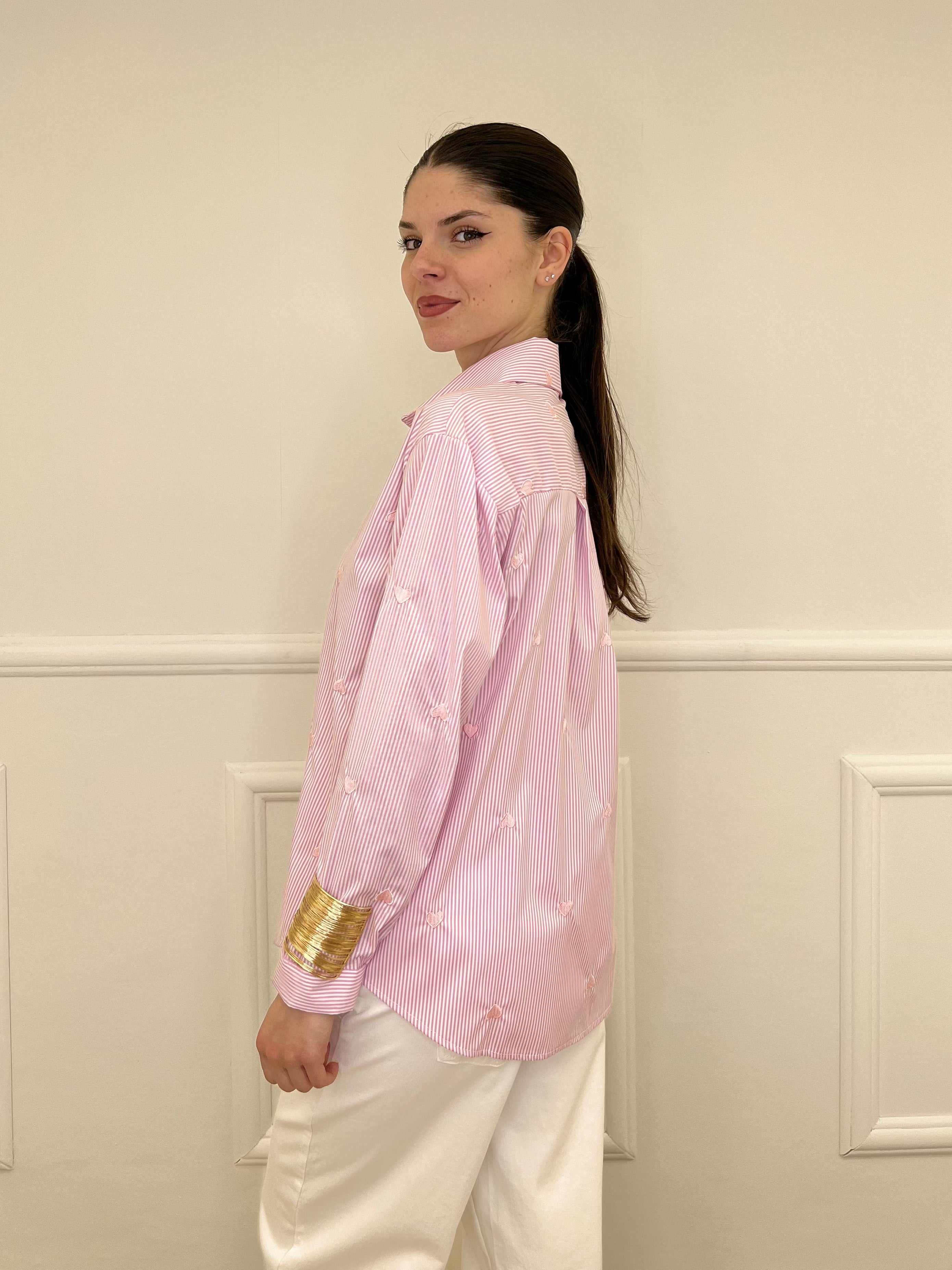 Camicia a Righe Cuori Ricamati 121255 Rosa