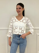 Cardigan Crop Crochet 38018 Bianco - Bazar Abbigliamento