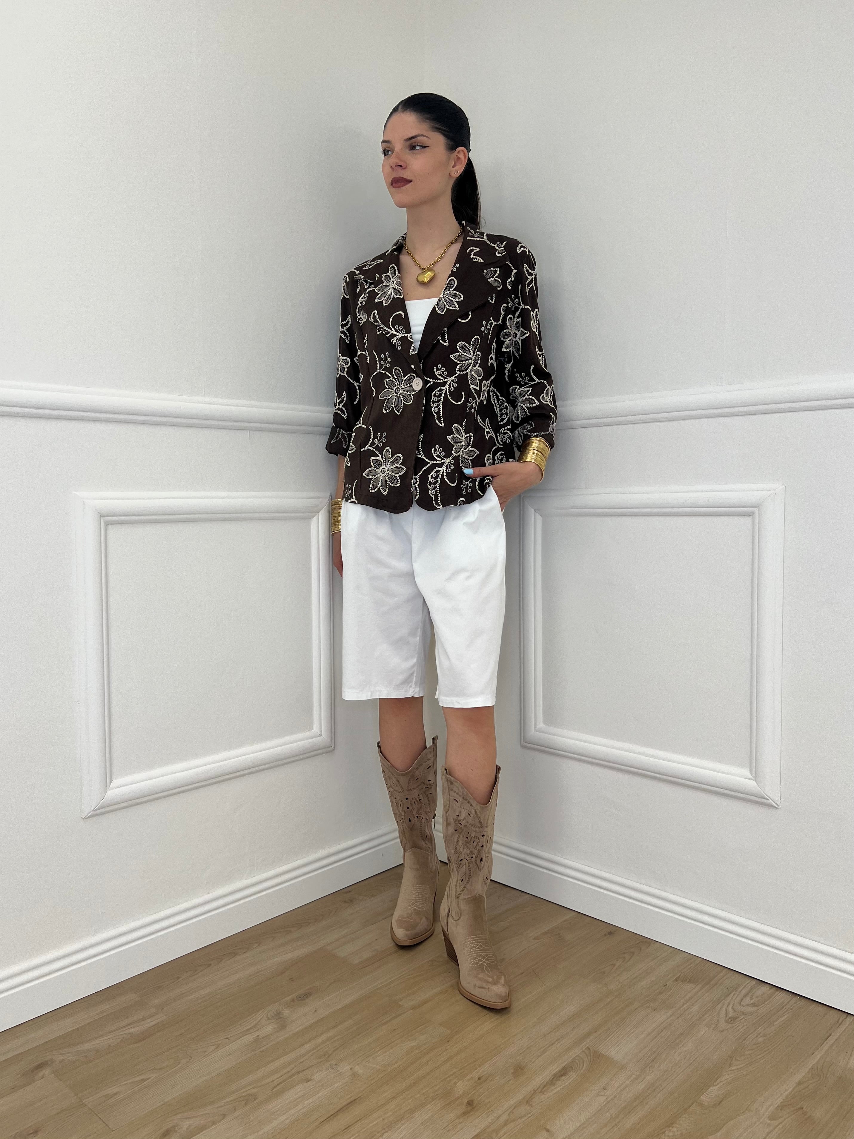 Blazer Ricamato in Lino e Viscosa 11353 Moro
