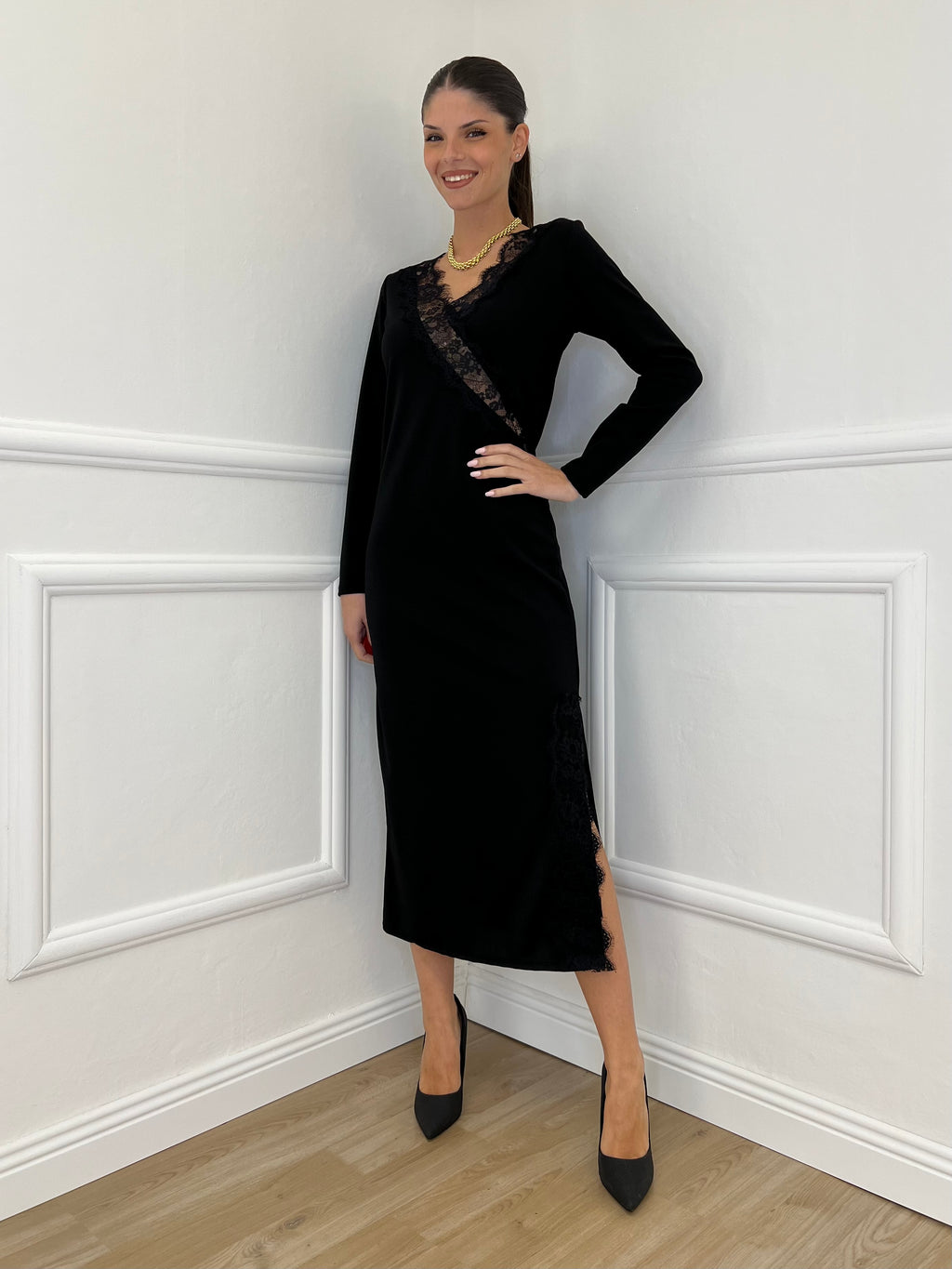 Abito Crepe Pizzo 55743 Nero