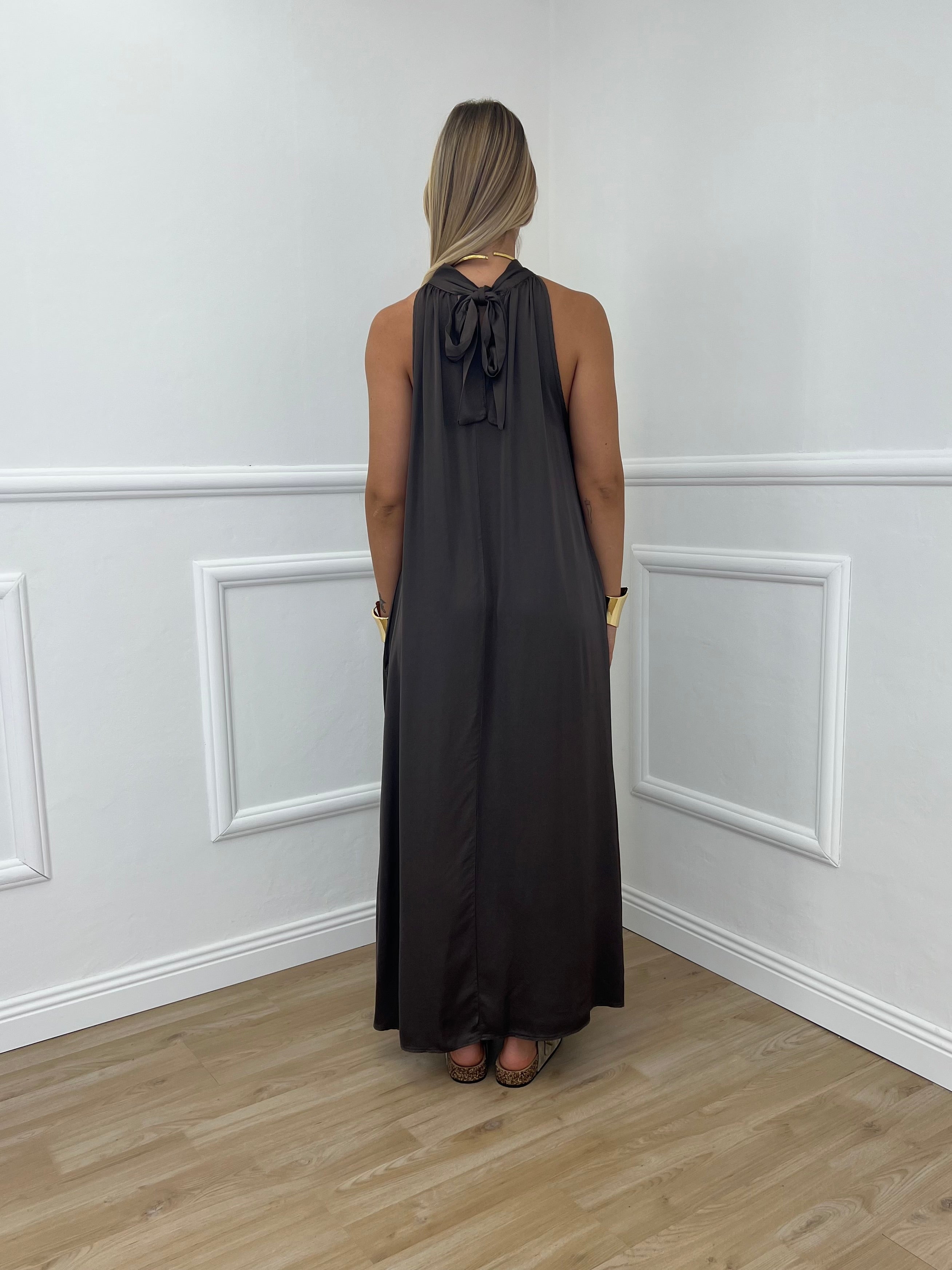 Abito Halter In Raso 9382 Marrone