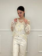 Twin Set Blusa in Pizzo Con Jabot e Sottoveste 7099 Ecru