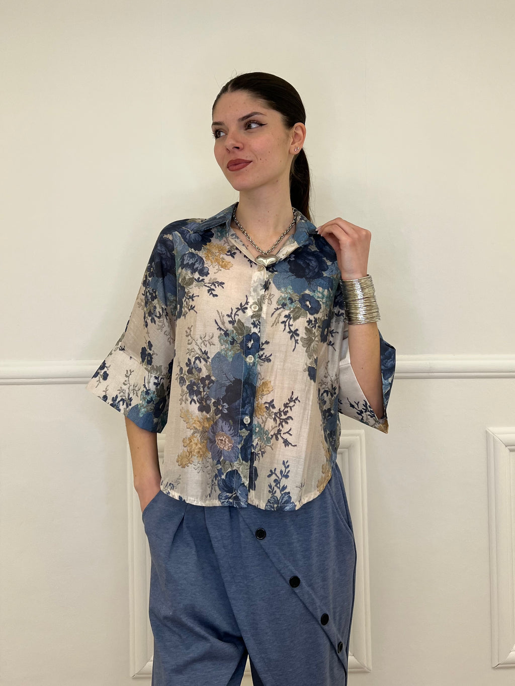 Camicia Tencel Crop Fiori 4099 Blu