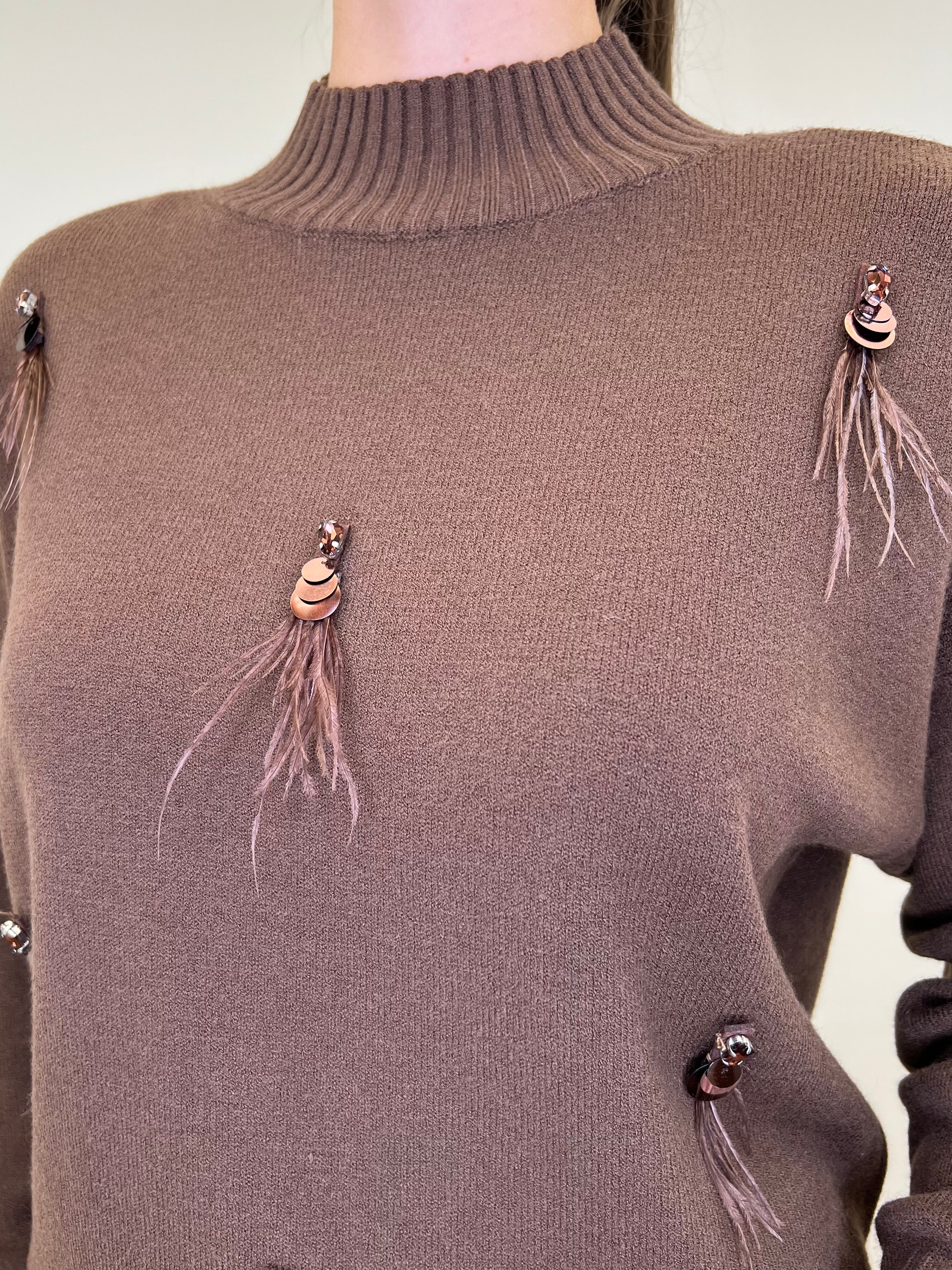 Maglia Strass e Piume DL7355 Marrone