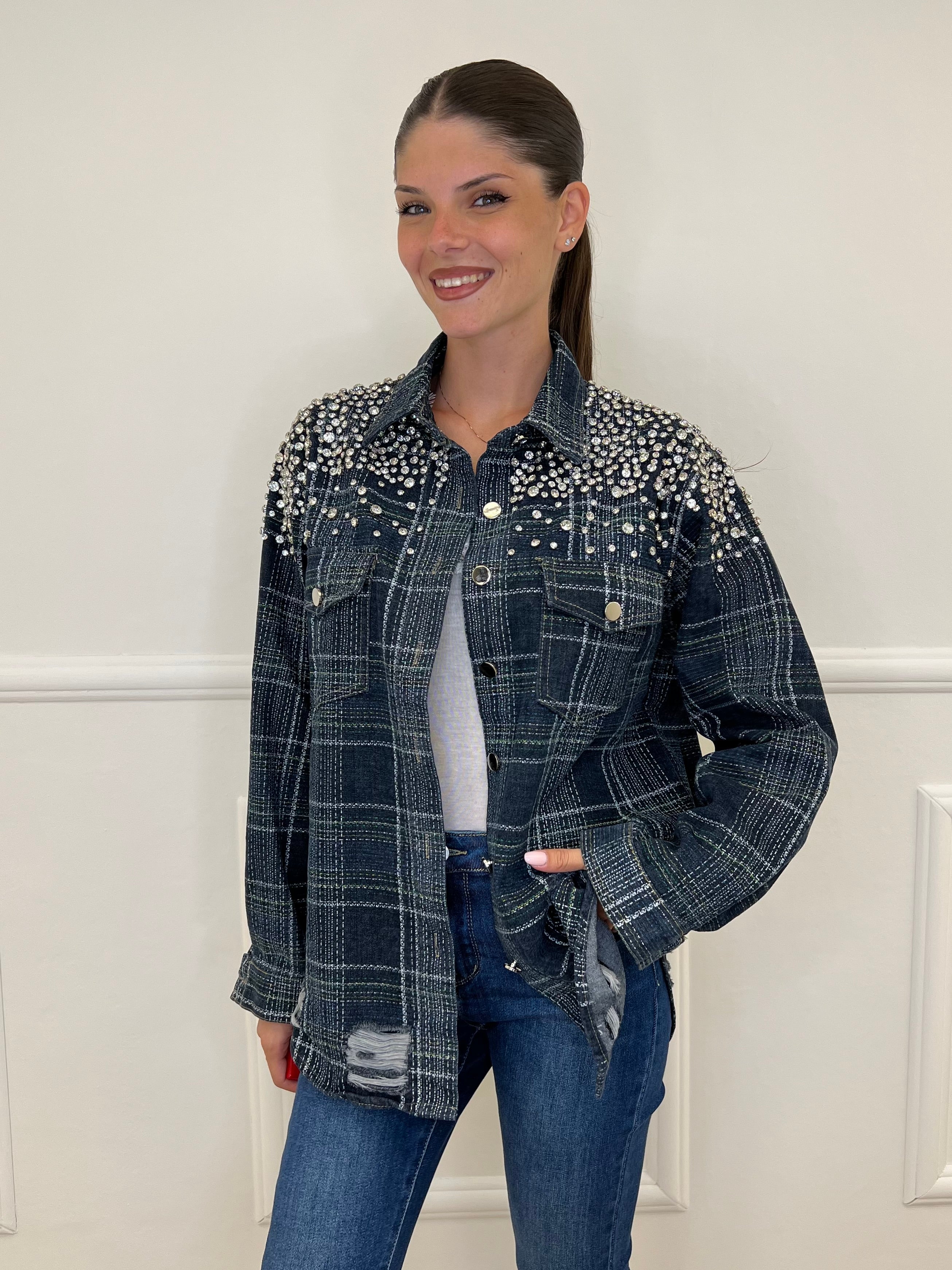 Giacca Denim Check Cristalli MF2530 Blu - Bazar Abbigliamento
