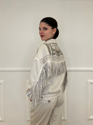 Giacca Denim con Frange e Ricami 9597 Beige