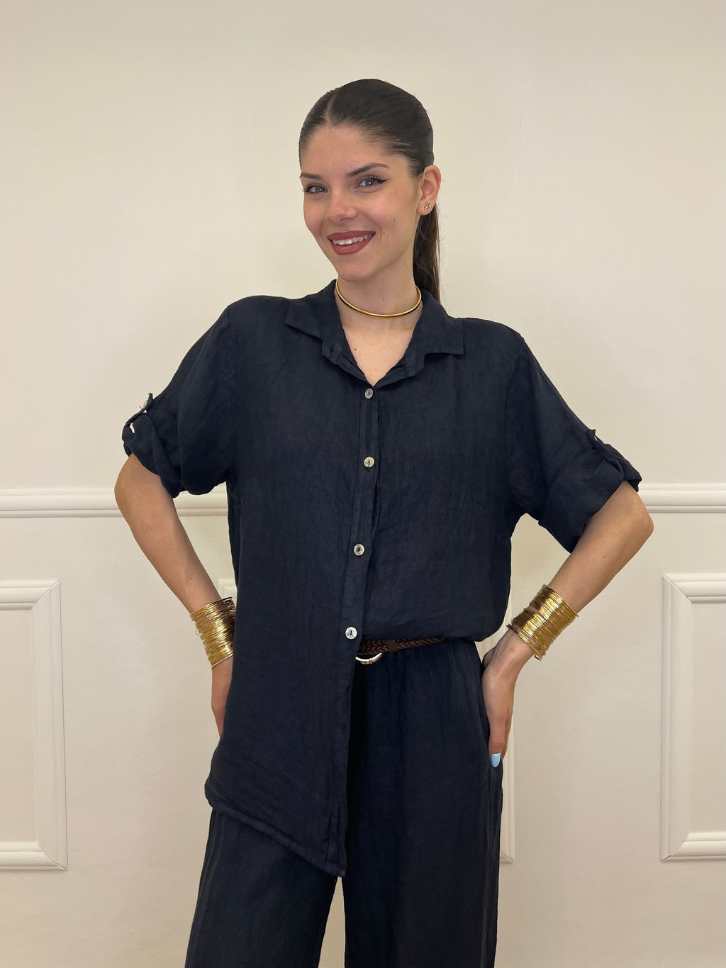 Camicia Maniche 3/4 in Lino 89517 Blu