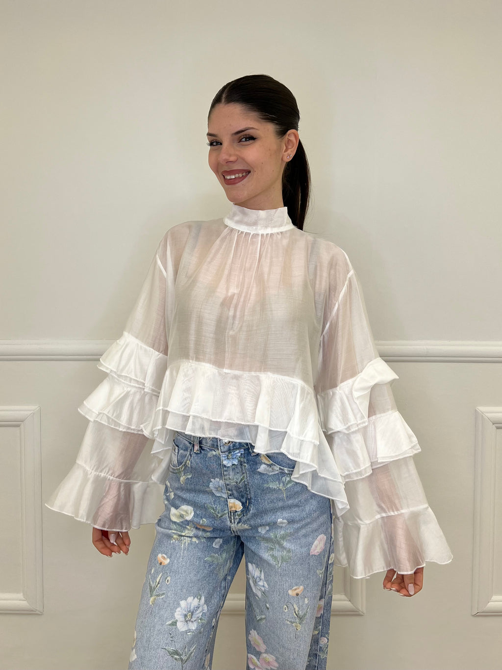 Blusa in Tencel a Balze 6108 Bianco