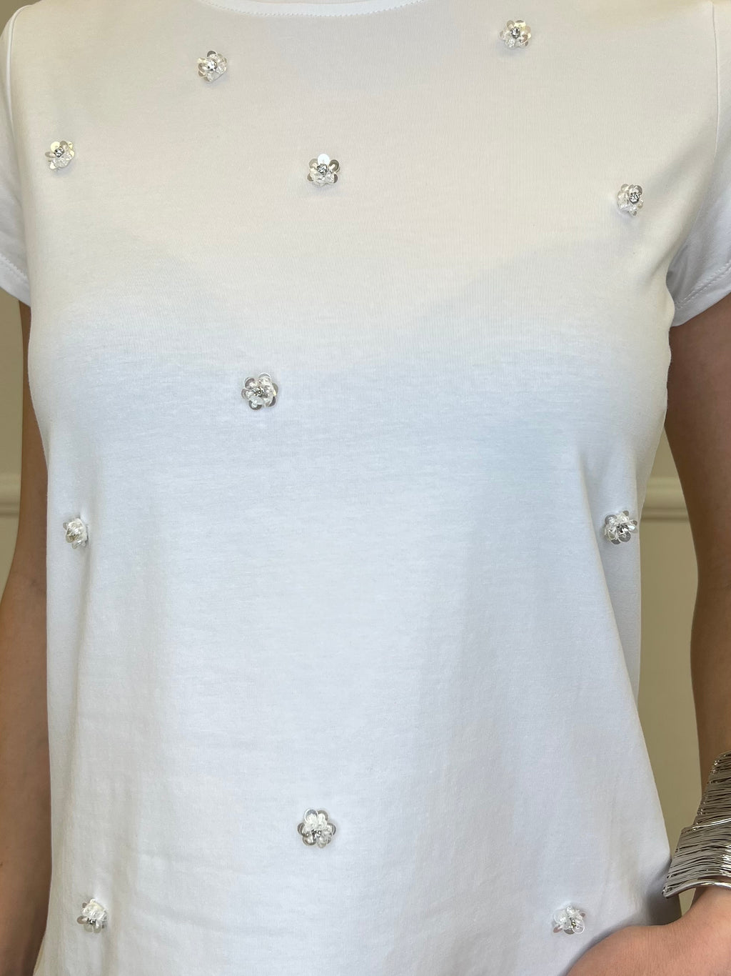T-shirt Fiori Paillettes e Cristalli 5256 Bianco